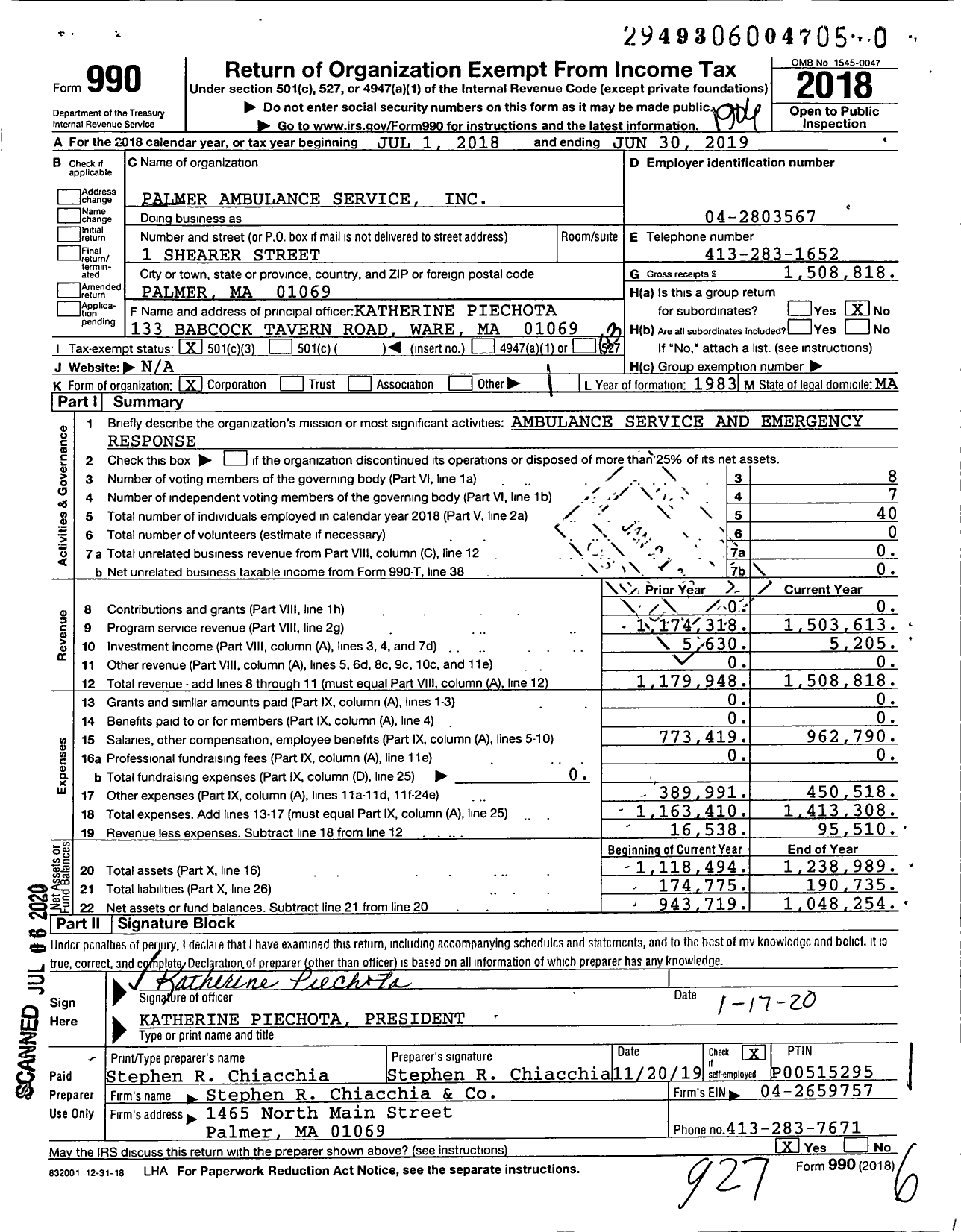 Image of first page of 2018 Form 990 for Palmer Ambulance Service