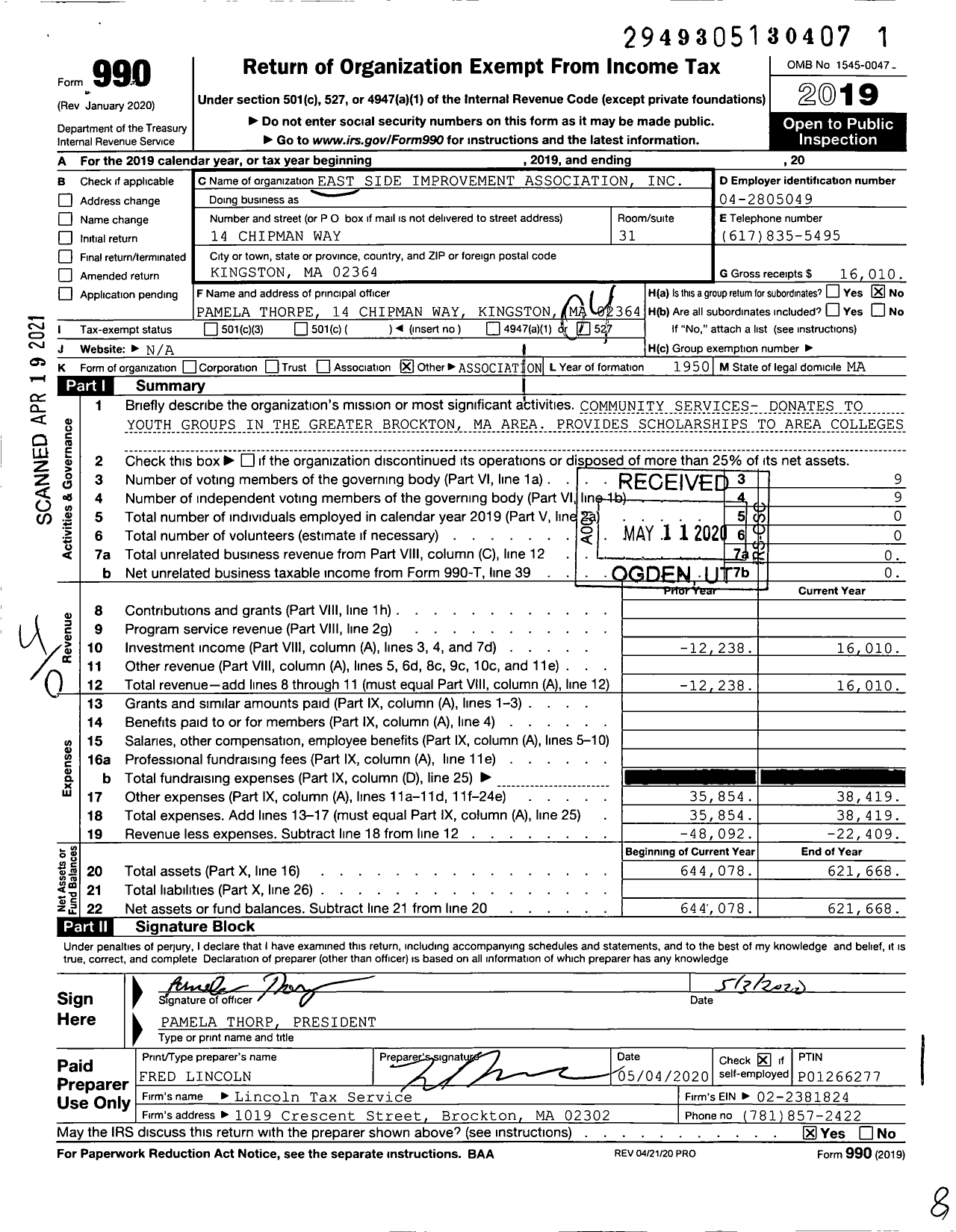 Image of first page of 2019 Form 990O for East Side Improvement Association