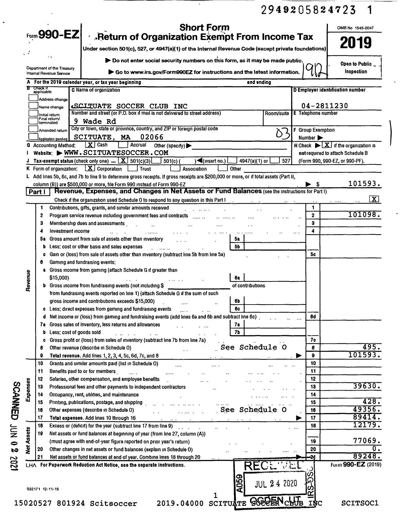 Image of first page of 2019 Form 990EZ for Scituate Soccer Club