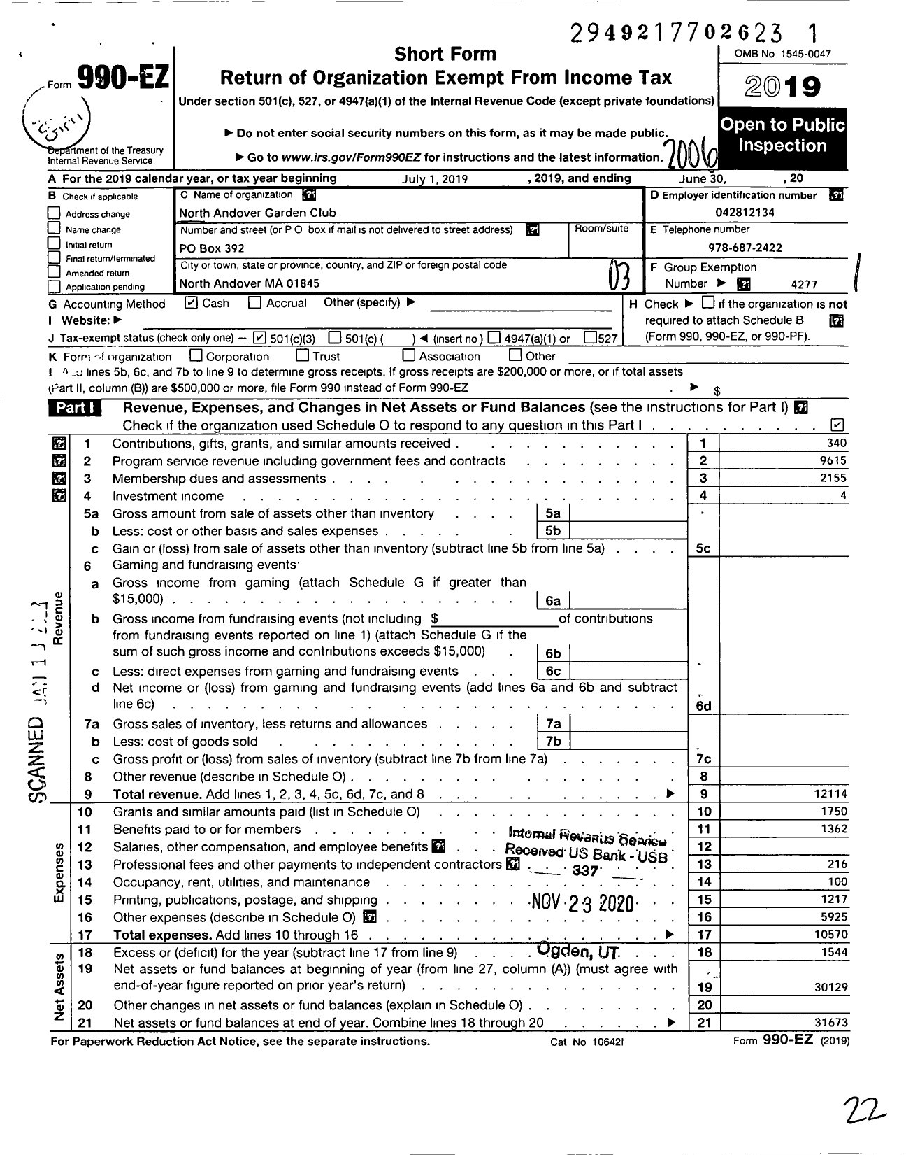 Image of first page of 2019 Form 990EZ for Garden Club Federation of Massachusetts / North Andover Garden Club