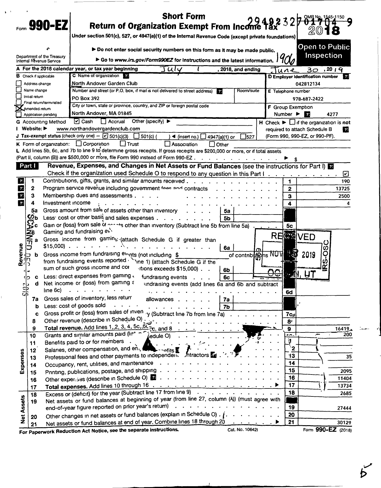 Image of first page of 2018 Form 990EZ for Garden Club Federation of Massachusetts / North Andover Garden Club