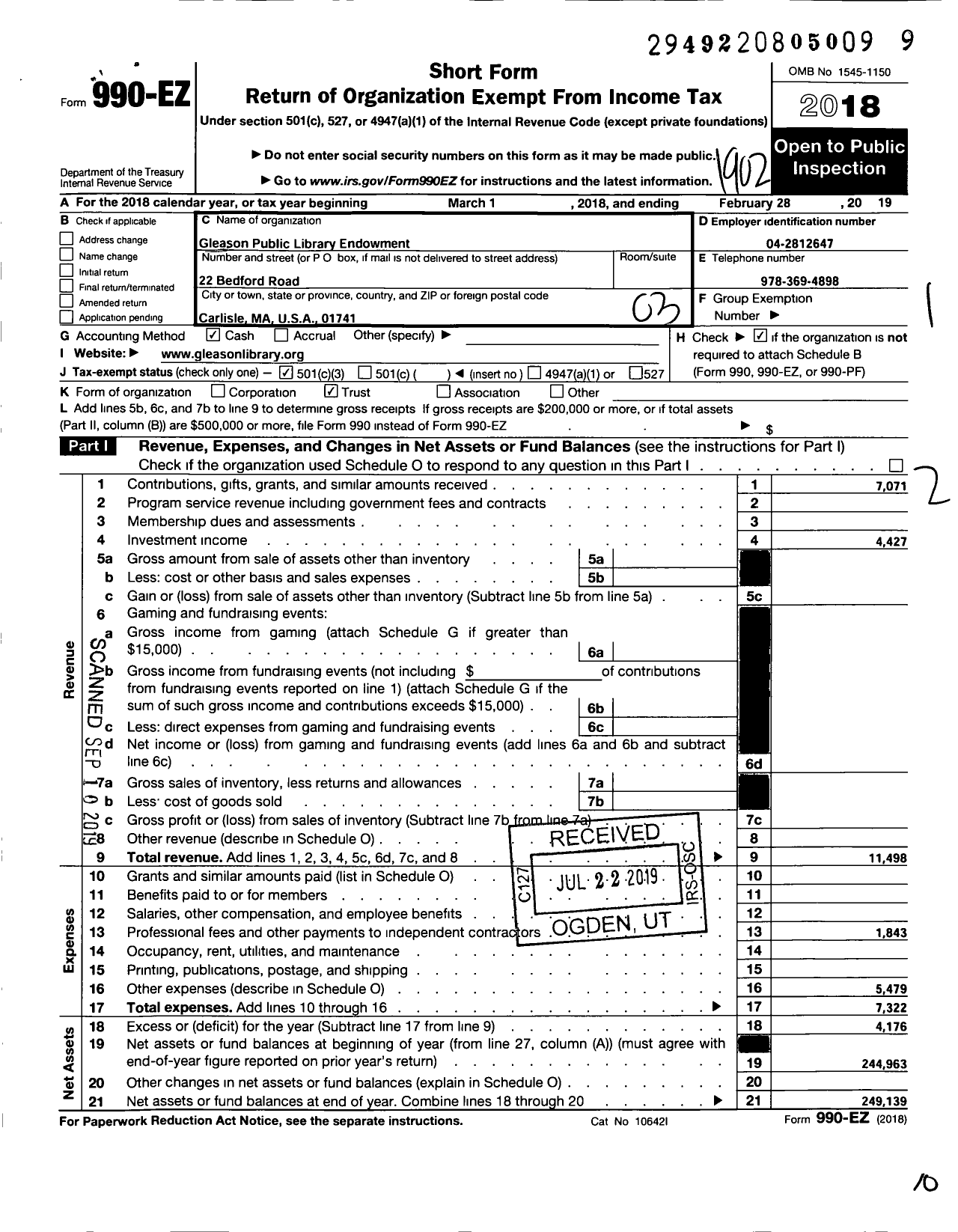 Image of first page of 2018 Form 990EZ for Gleason Public Library Endowment