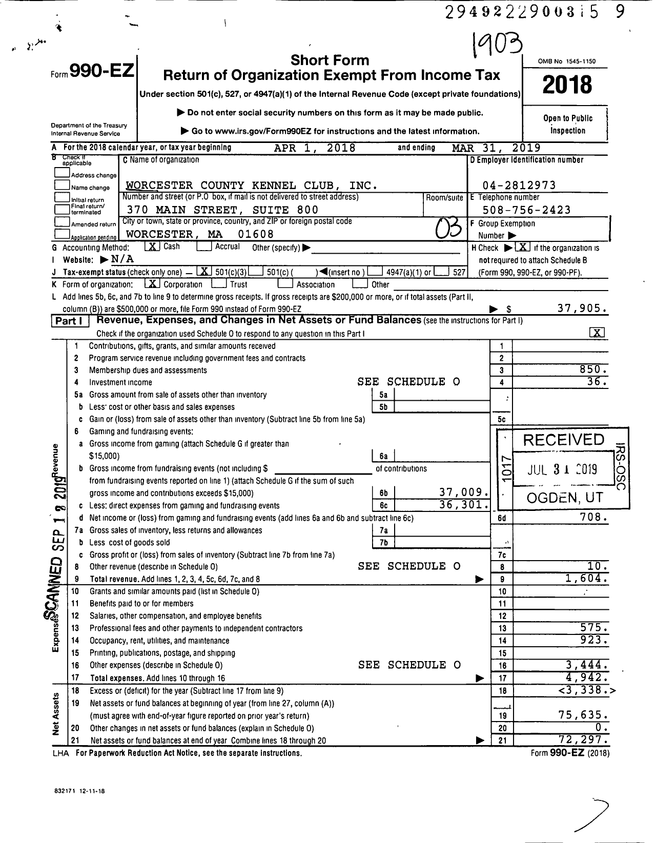 Image of first page of 2018 Form 990EZ for Worcester County Kennel Club