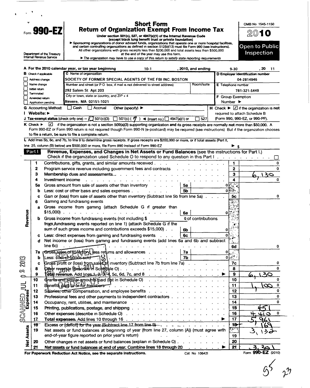 Image of first page of 2010 Form 990EO for Society of Former Special Agents of the Fbi - 191 Boston