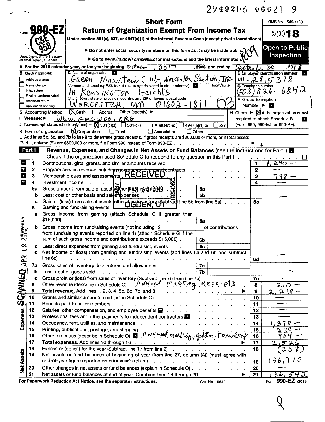 Image of first page of 2017 Form 990EZ for The Green Mountain Club Worcester Section