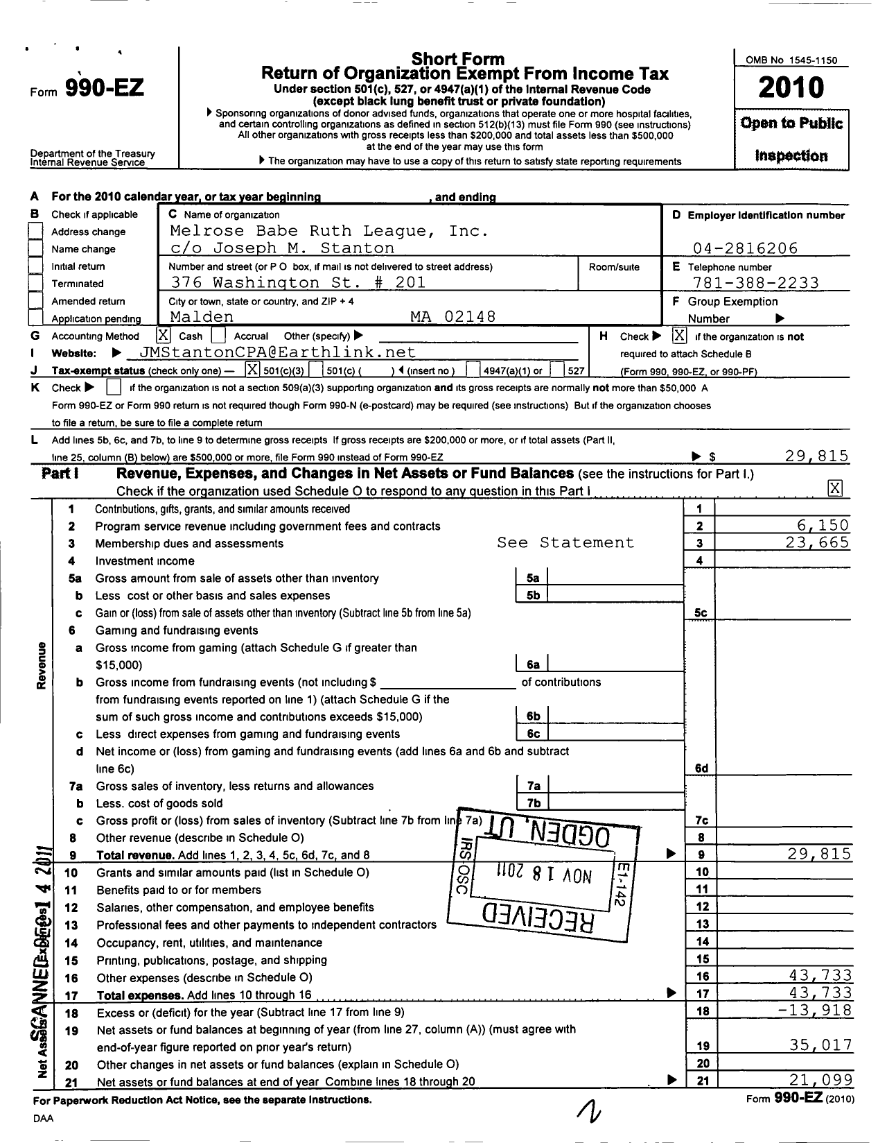 Image of first page of 2010 Form 990EZ for Melrose Babe Ruth League