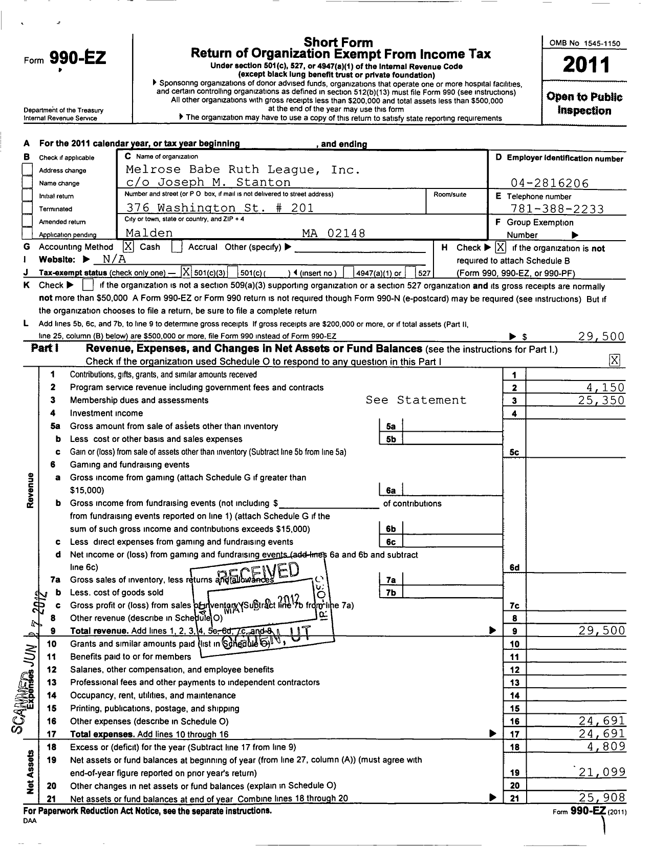 Image of first page of 2011 Form 990EZ for Melrose Babe Ruth League