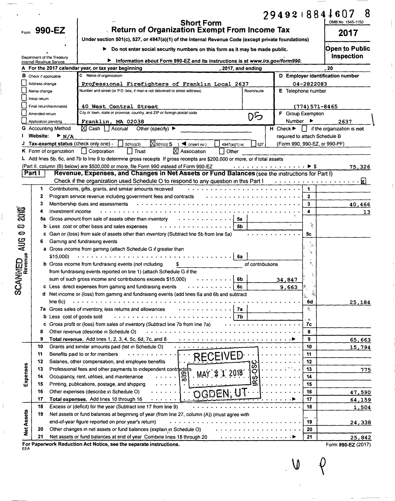 Image of first page of 2017 Form 990EO for International Association of Fire Fighters - L2637 Franklin