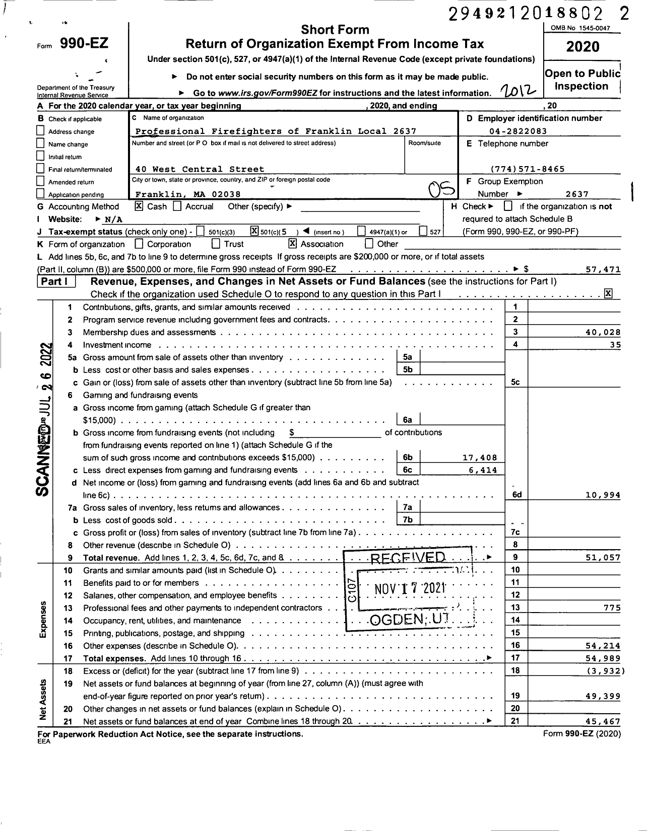 Image of first page of 2020 Form 990EO for International Association of Fire Fighters - L2637 Franklin