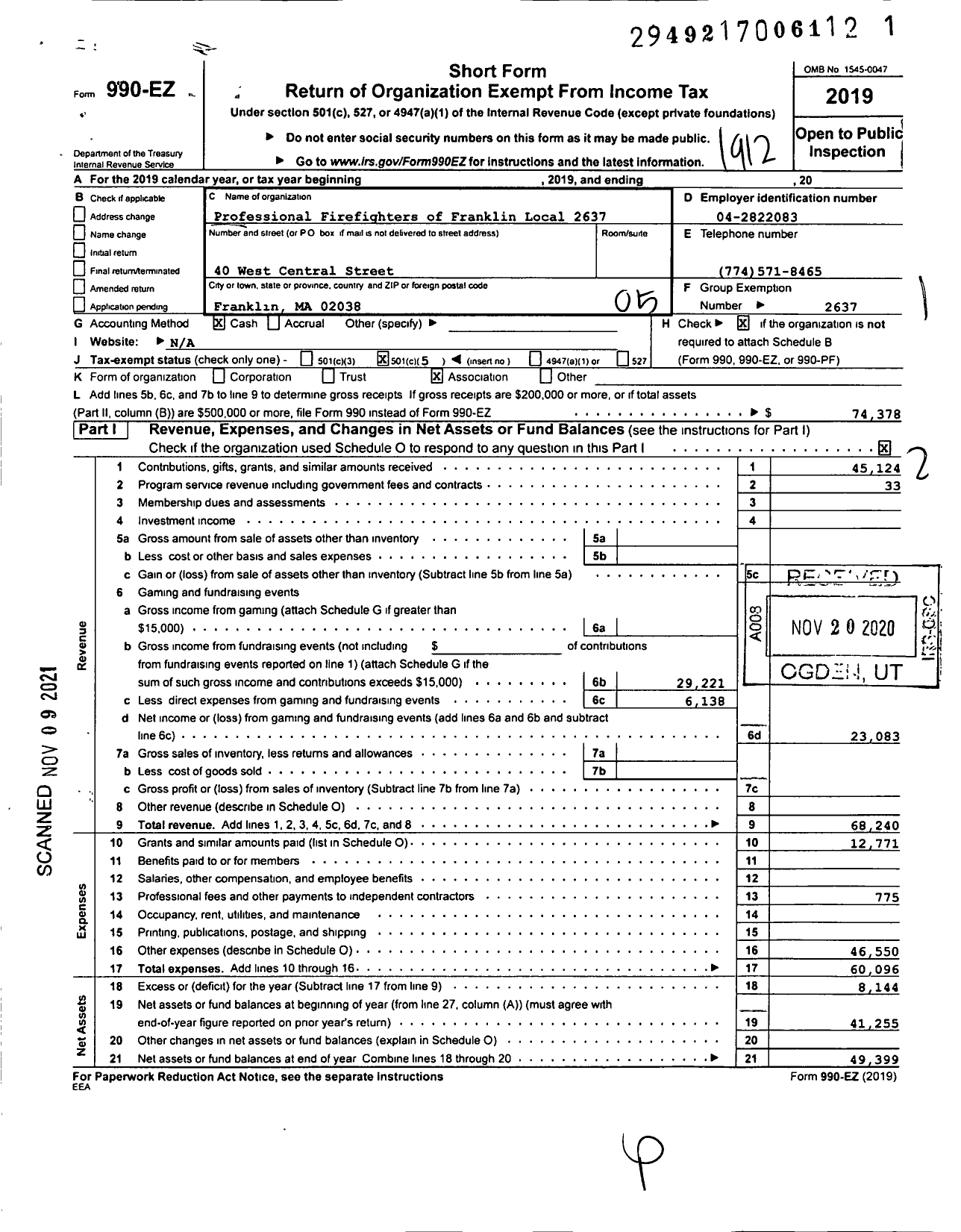 Image of first page of 2019 Form 990EO for International Association of Fire Fighters - L2637 Franklin