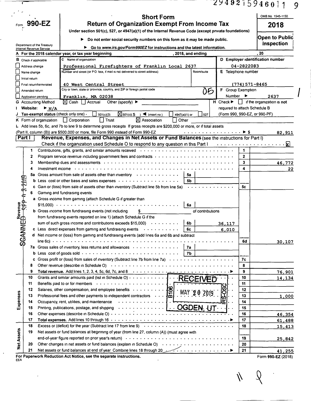 Image of first page of 2018 Form 990EO for International Association of Fire Fighters - L2637 Franklin