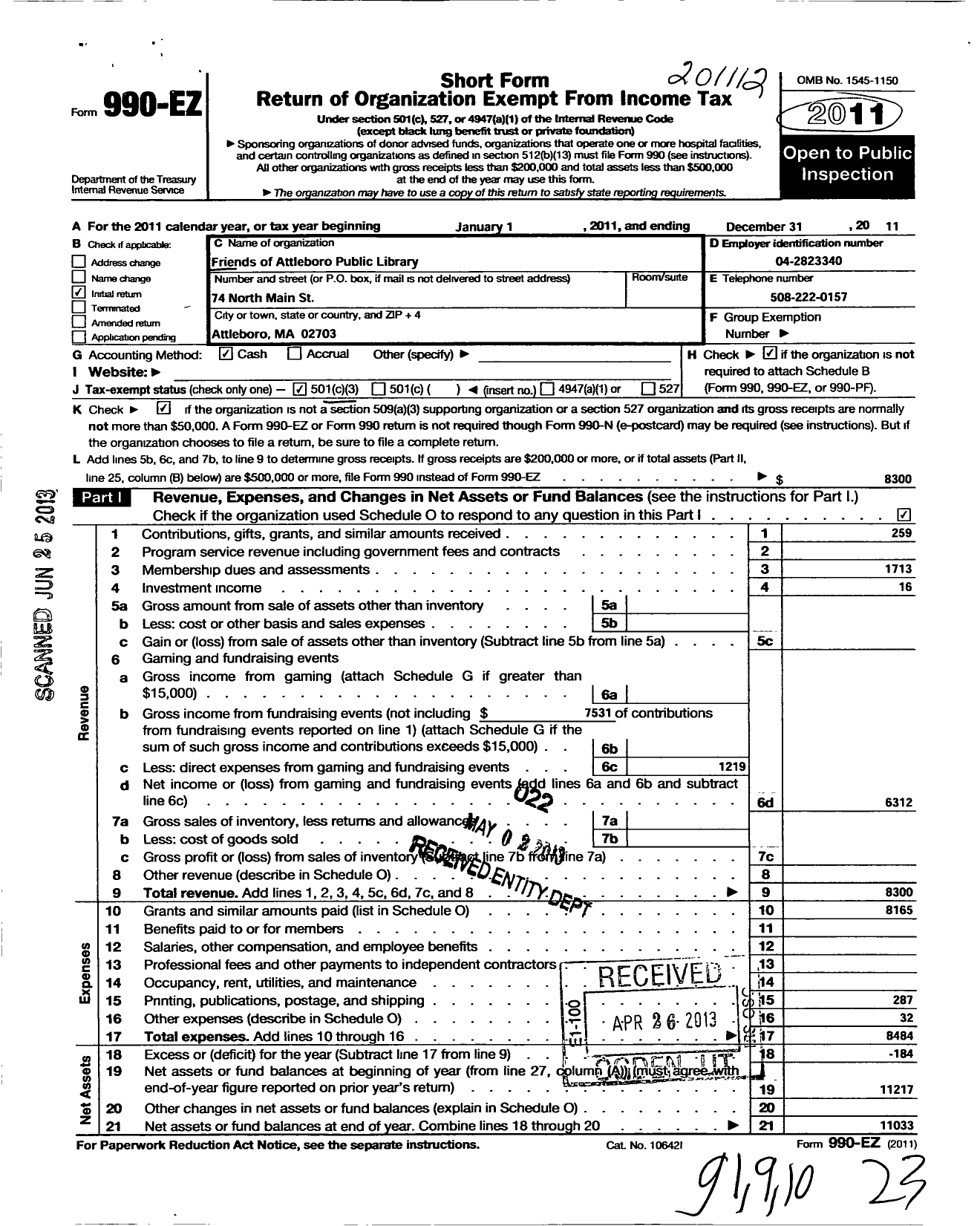 Image of first page of 2011 Form 990EZ for Friends of Attleboro Public Library