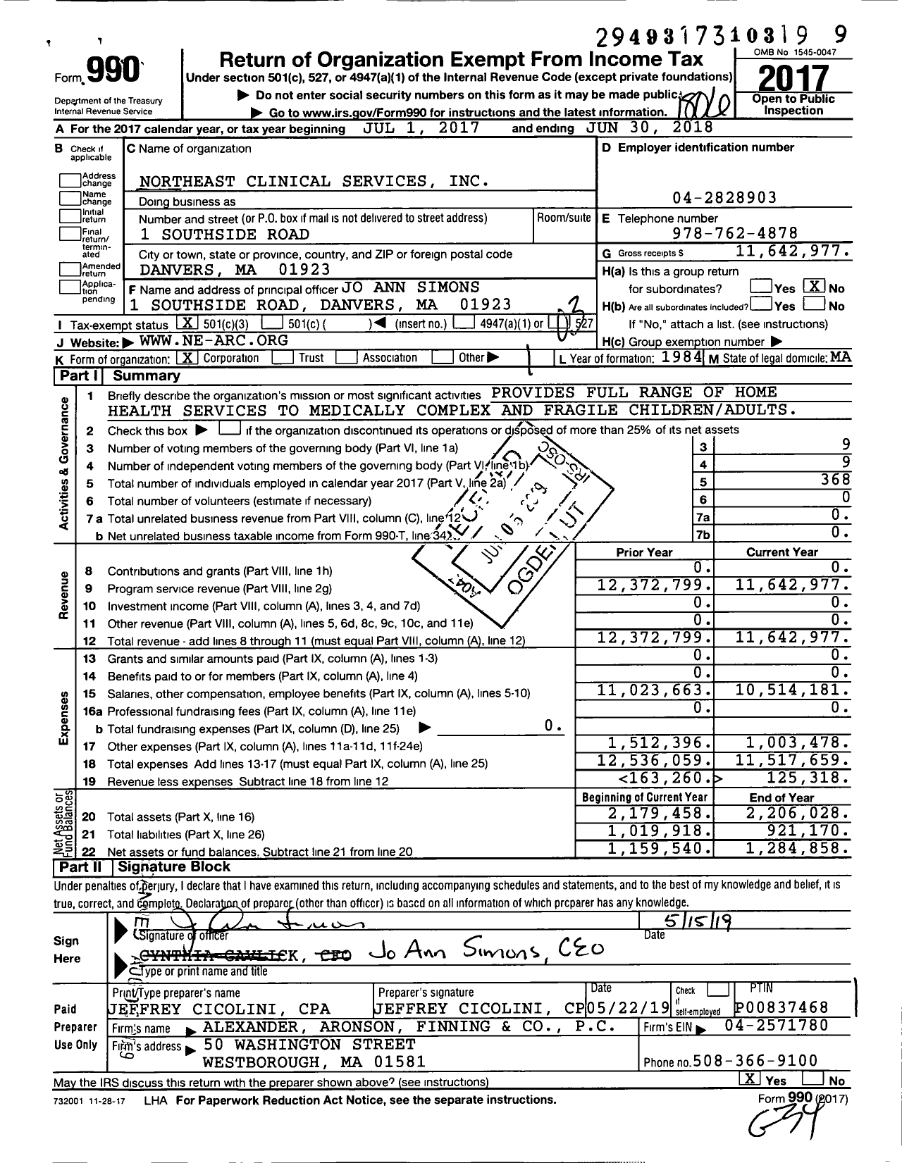 Image of first page of 2017 Form 990 for Northeast Clinical Services