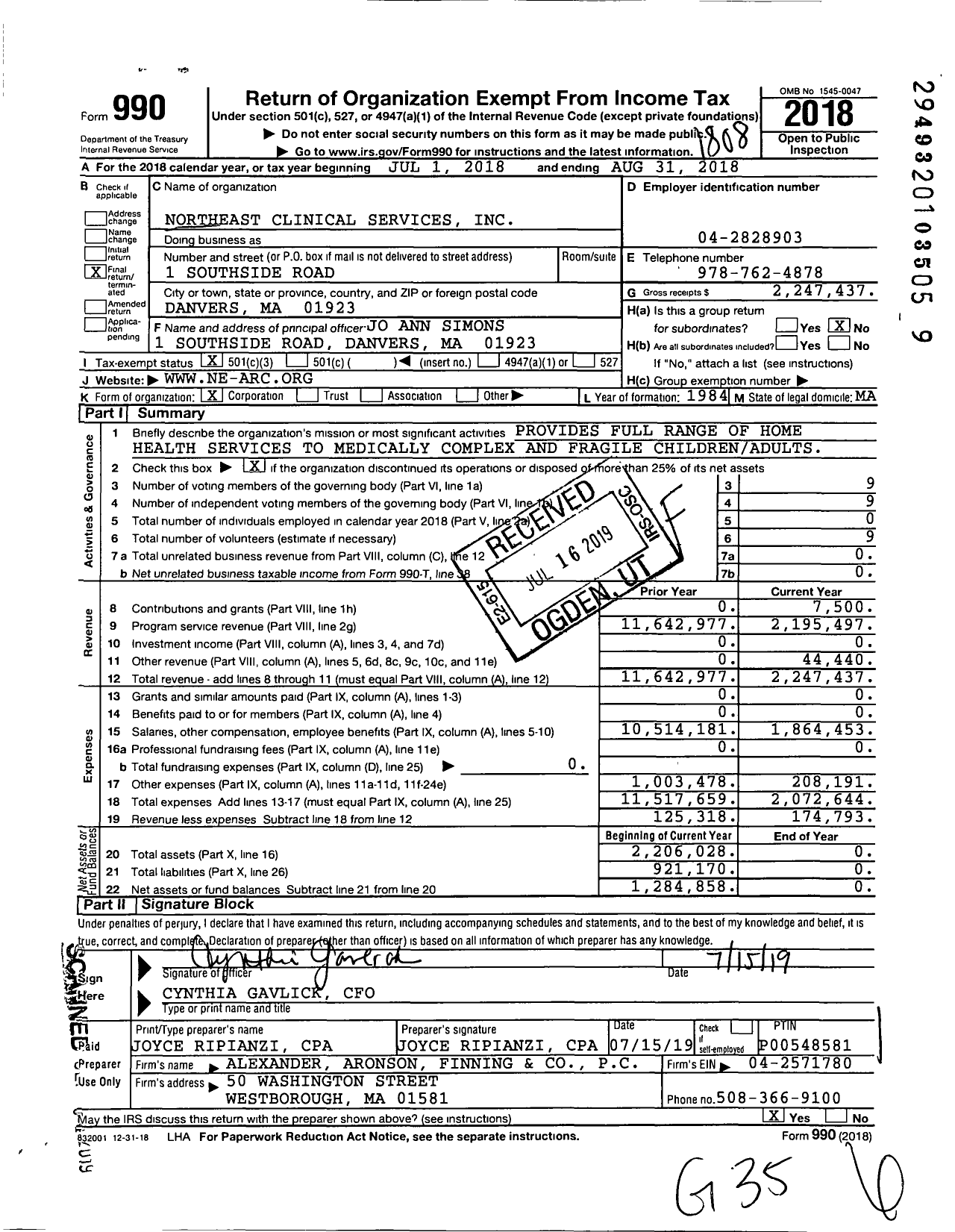 Image of first page of 2017 Form 990 for Northeast Clinical Services