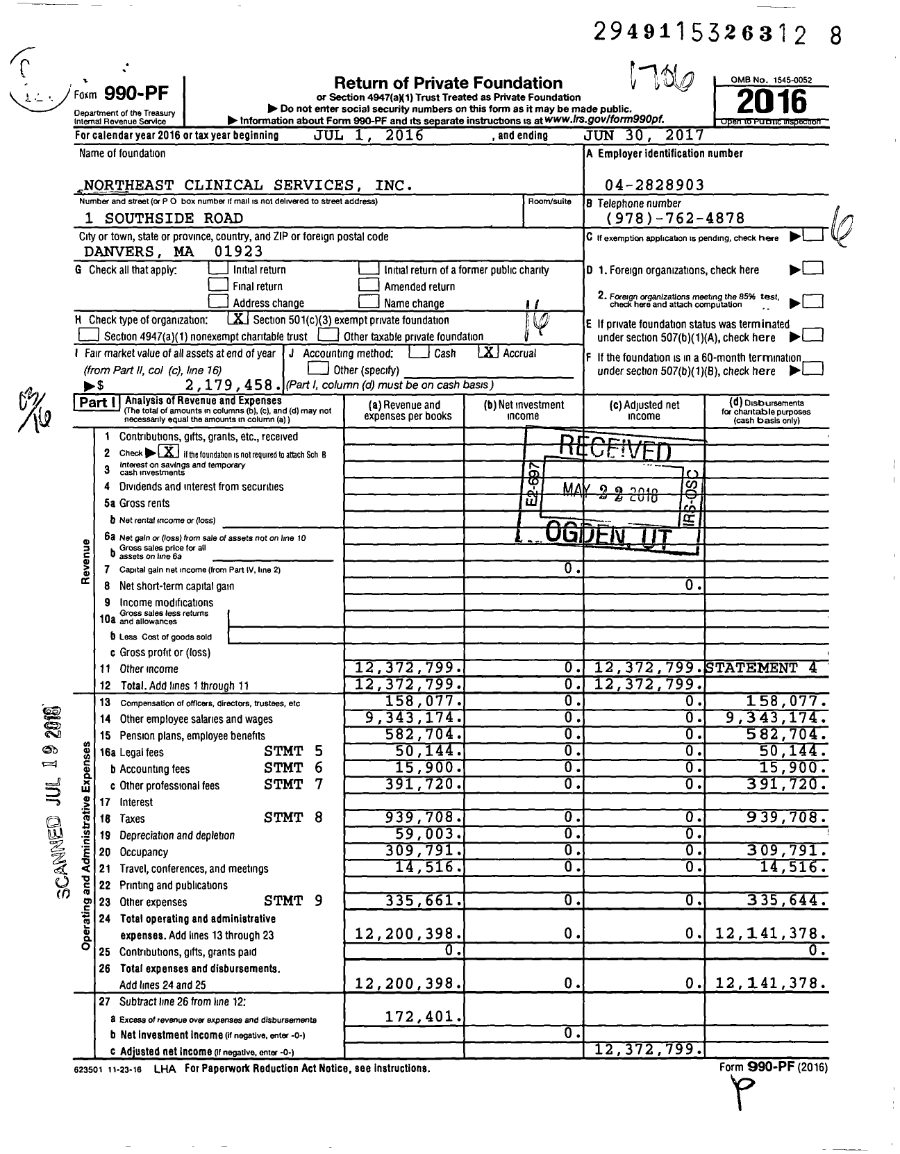 Image of first page of 2016 Form 990PF for Northeast Clinical Services