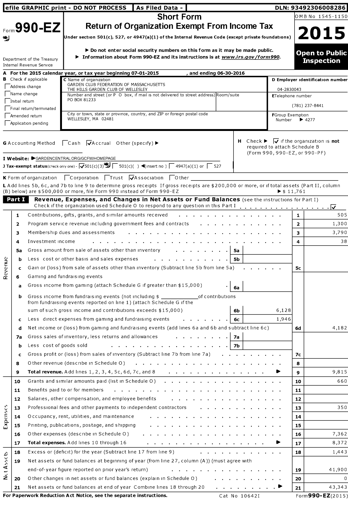 Image of first page of 2015 Form 990EZ for Garden Club Federation of Massachusetts the Hills Garden Club of Wellesley