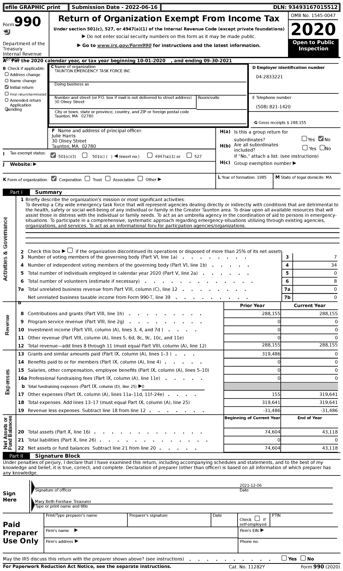 Image of first page of 2020 Form 990 for Taunton Emergency Task Force