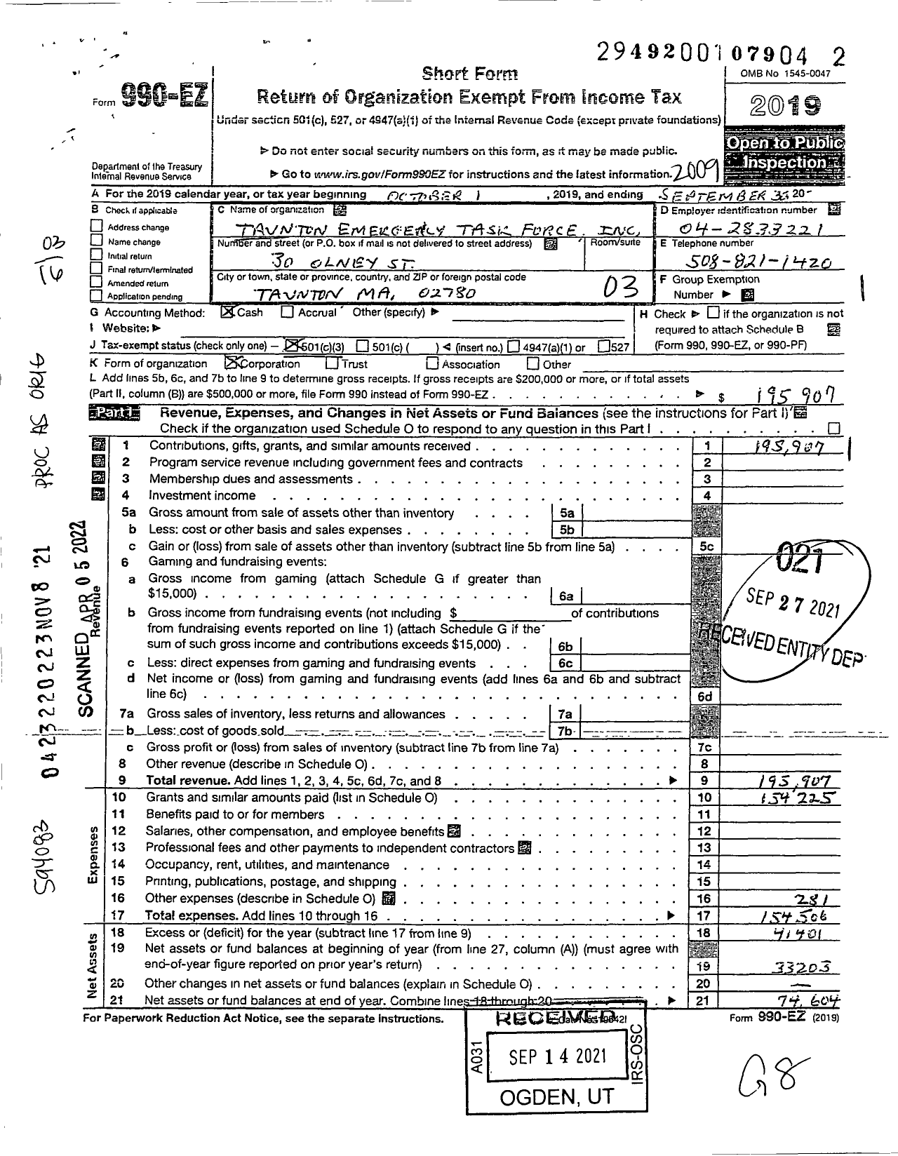 Image of first page of 2019 Form 990EZ for Taunton Emergency Task Force