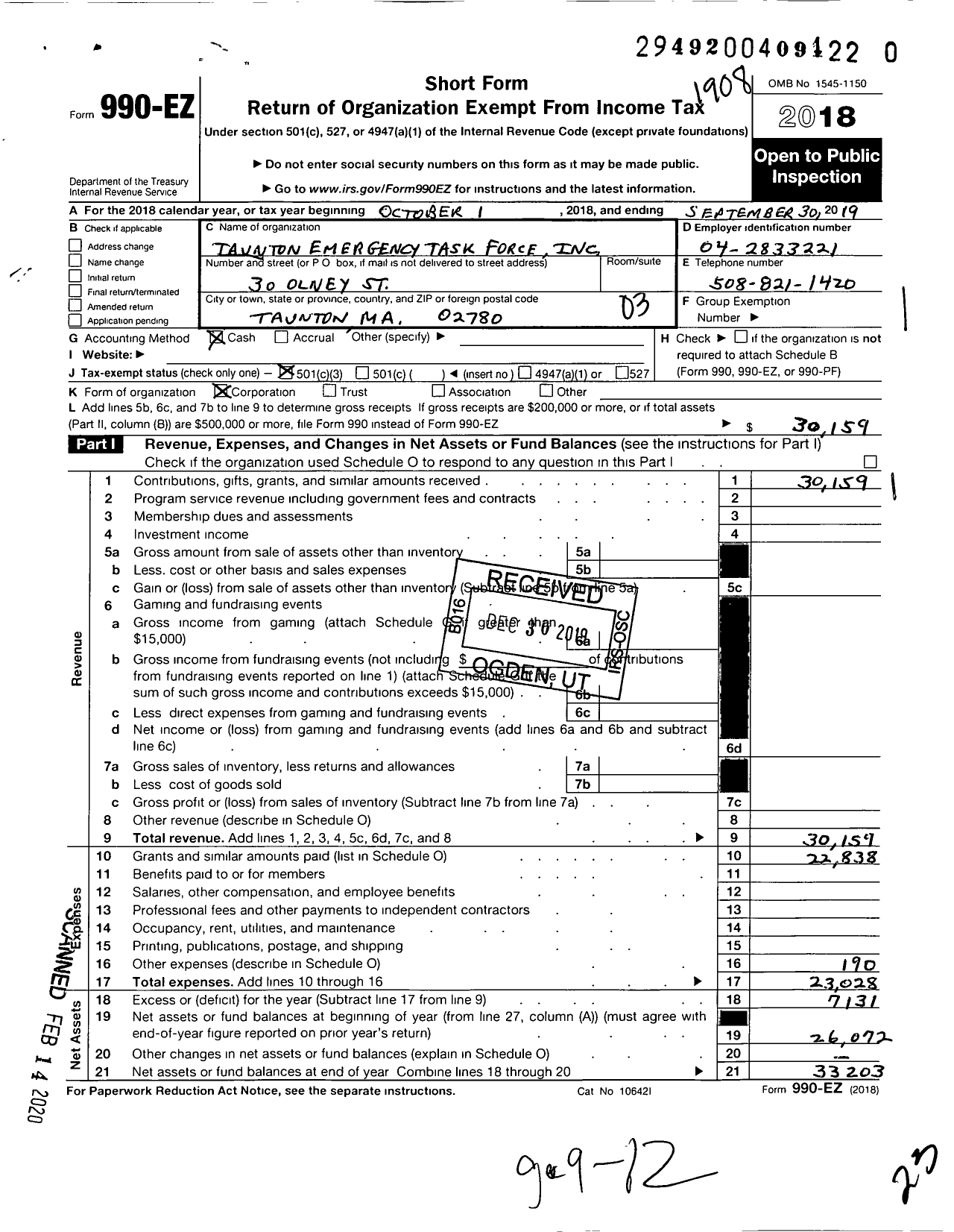 Image of first page of 2018 Form 990EZ for Taunton Emergency Task Force