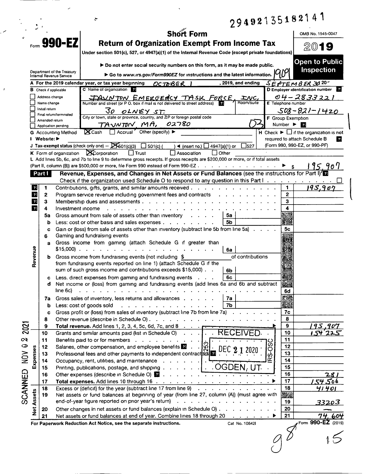 Image of first page of 2018 Form 990EZ for Taunton Emergency Task Force