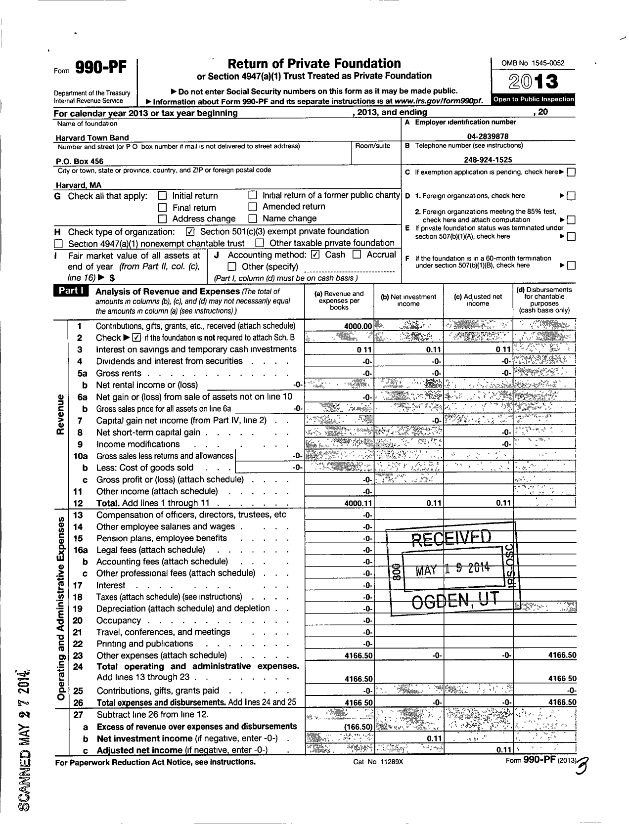 Image of first page of 2013 Form 990PF for The Harvard Town Band