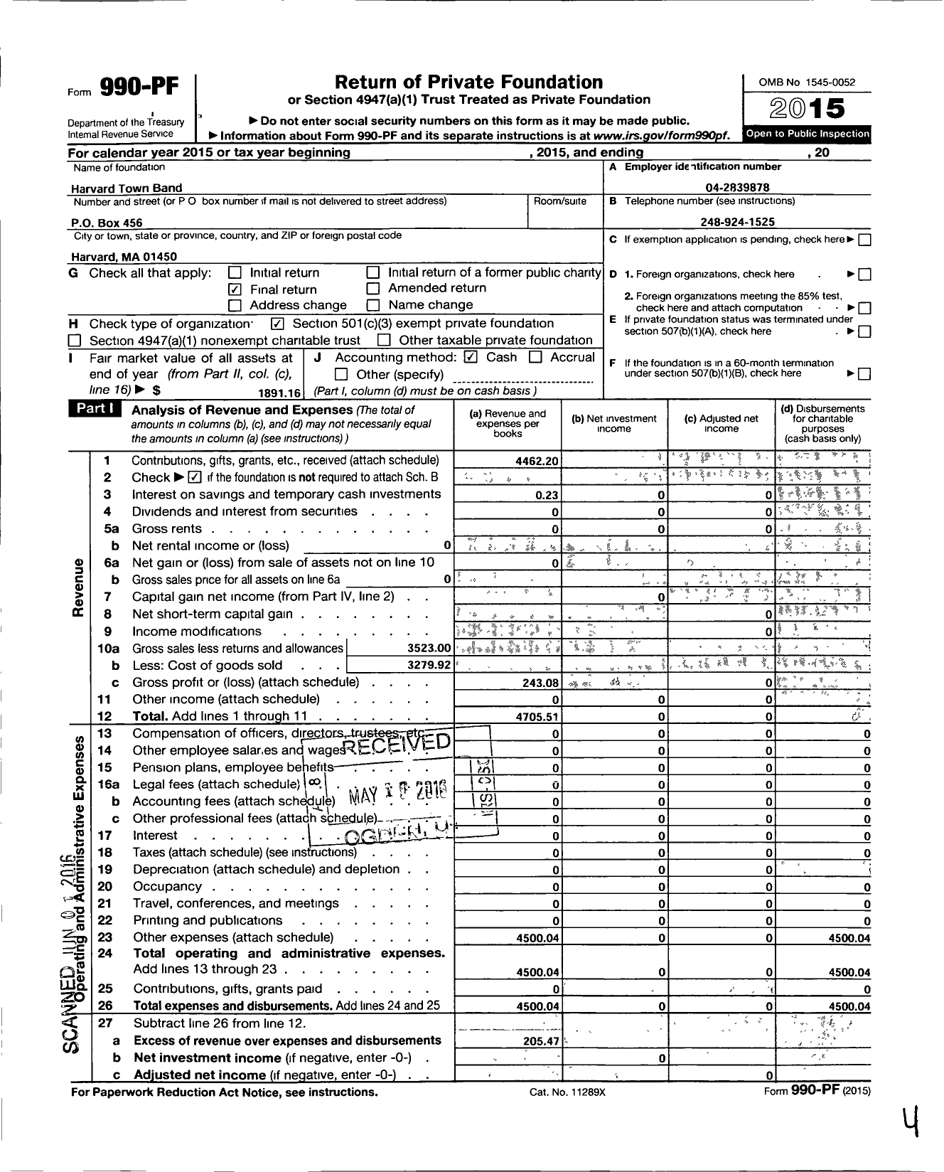 Image of first page of 2015 Form 990PF for The Harvard Town Band