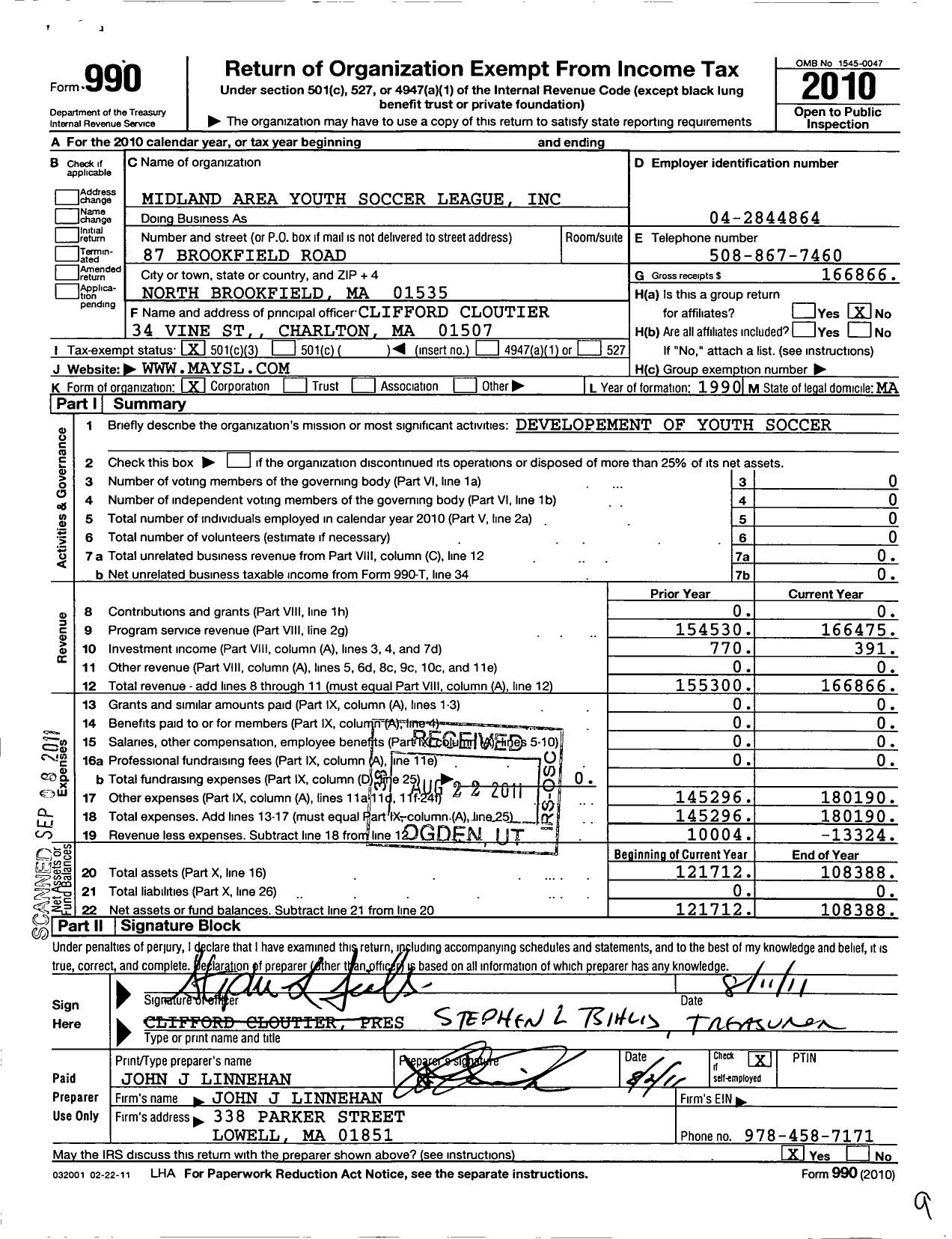 Image of first page of 2010 Form 990 for Midland Area Youth Soccer League