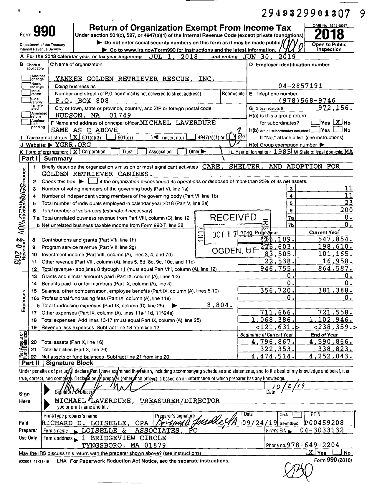 Image of first page of 2018 Form 990 for Yankee Golden Retriever Rescue (YGRR)