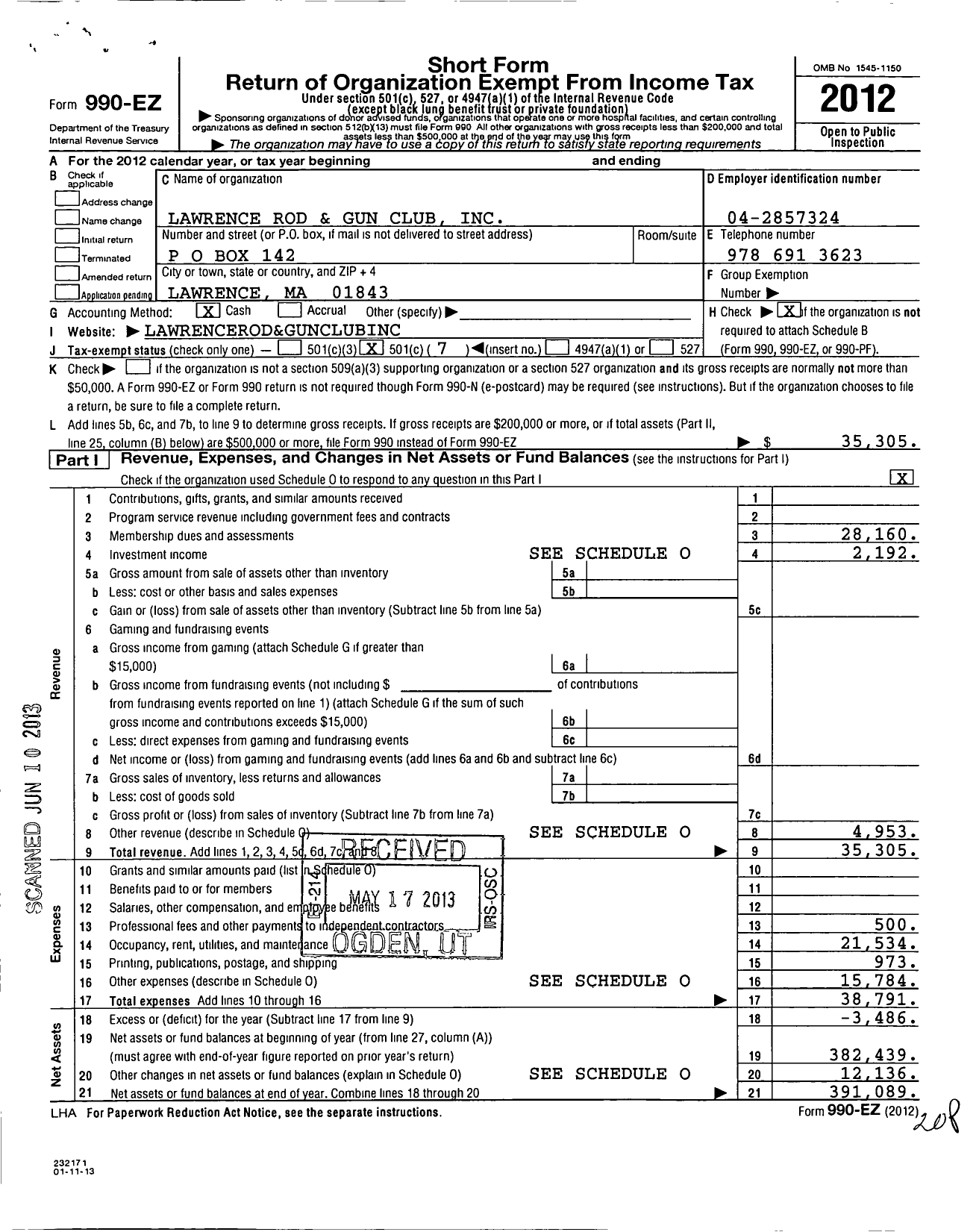 Image of first page of 2012 Form 990EO for Lawrence Rod and Gun Club