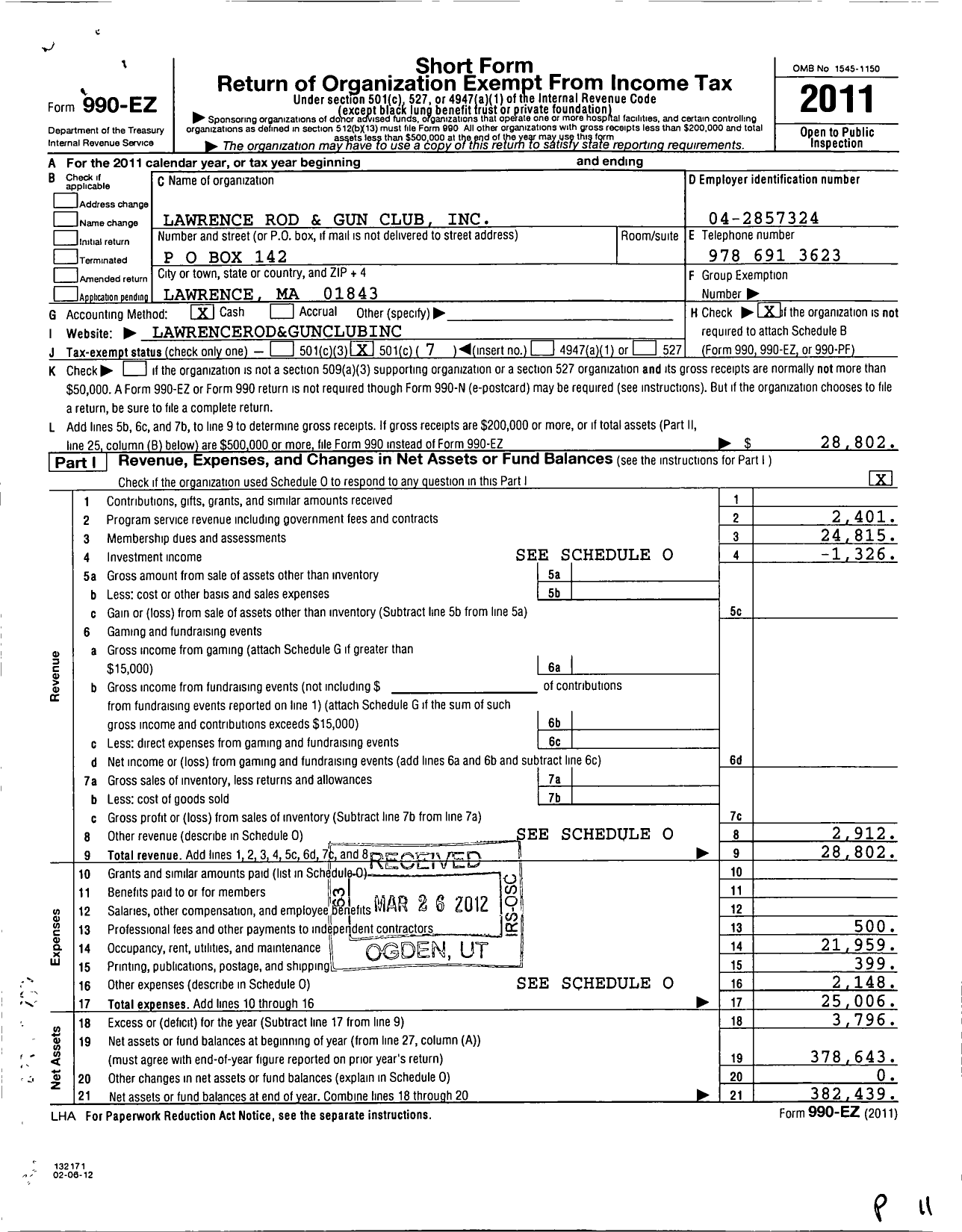 Image of first page of 2011 Form 990EO for Lawrence Rod and Gun Club