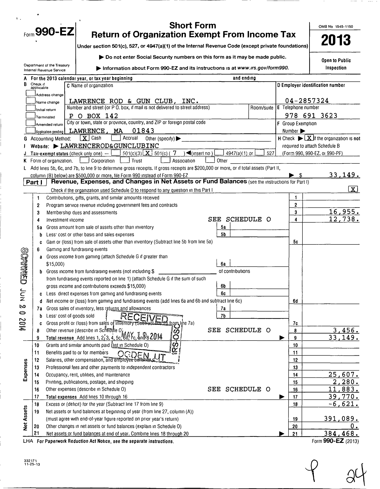 Image of first page of 2013 Form 990EO for Lawrence Rod and Gun Club