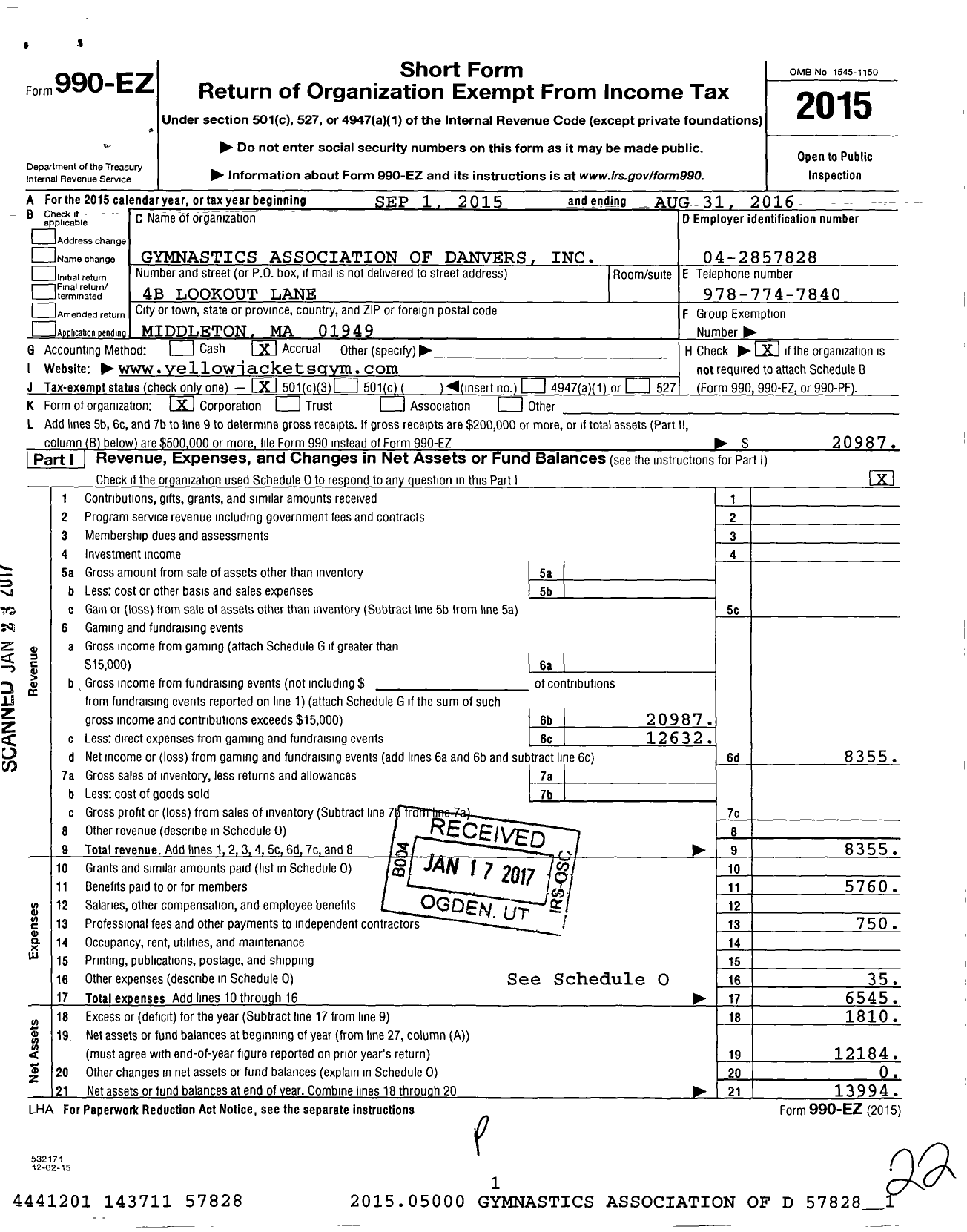 Image of first page of 2015 Form 990EZ for Gymnastics Association of Danvers