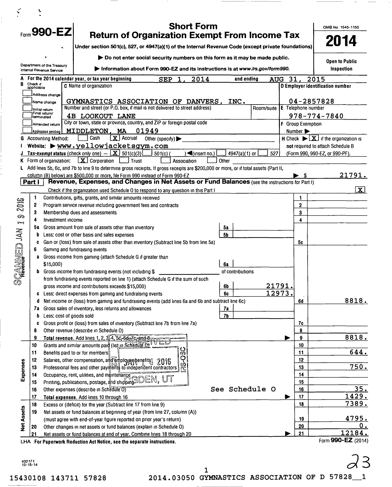 Image of first page of 2014 Form 990EZ for Gymnastics Association of Danvers