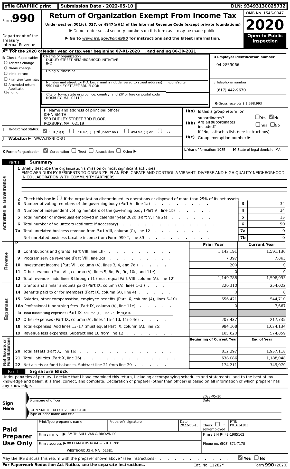 Image of first page of 2020 Form 990 for Dudley Street Neighborhood Initiative (DSNI)