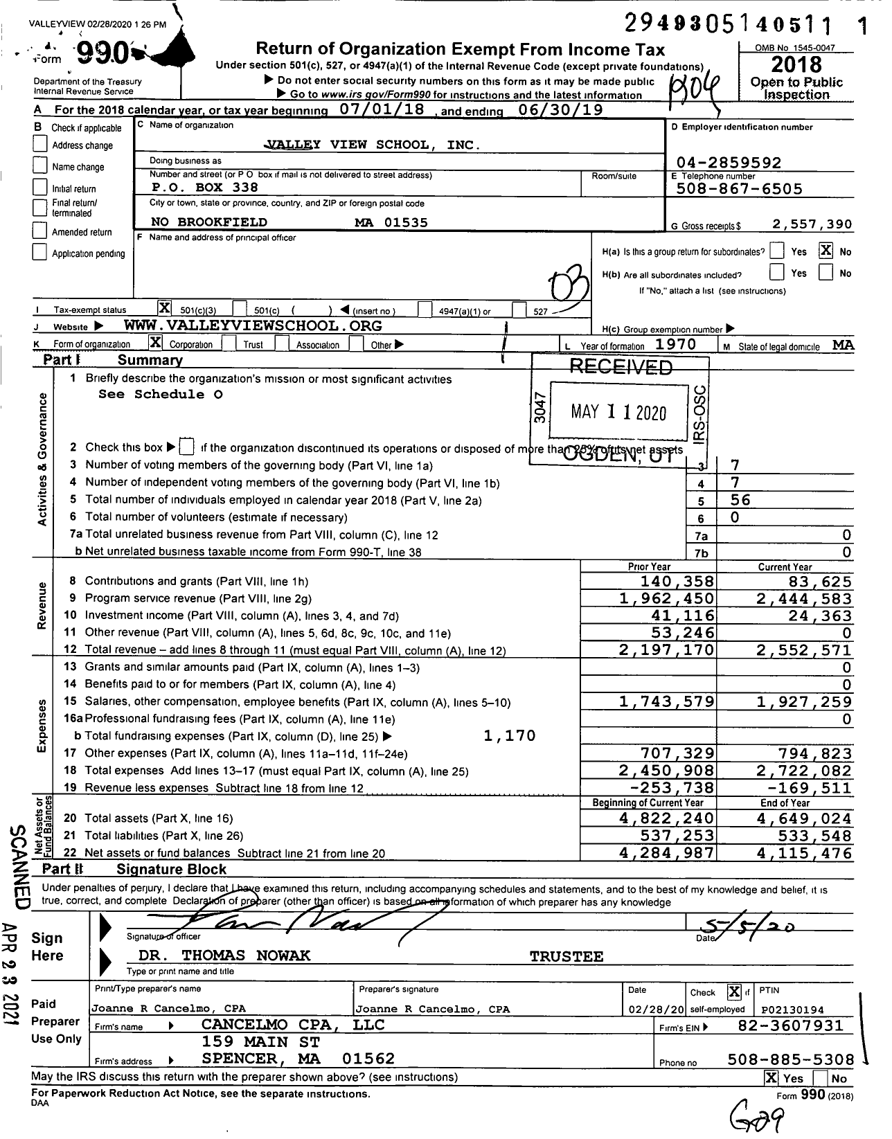 Image of first page of 2018 Form 990 for Valley View School