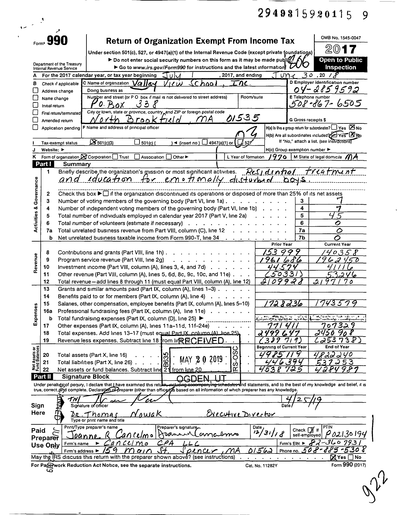 Image of first page of 2017 Form 990 for Valley View School