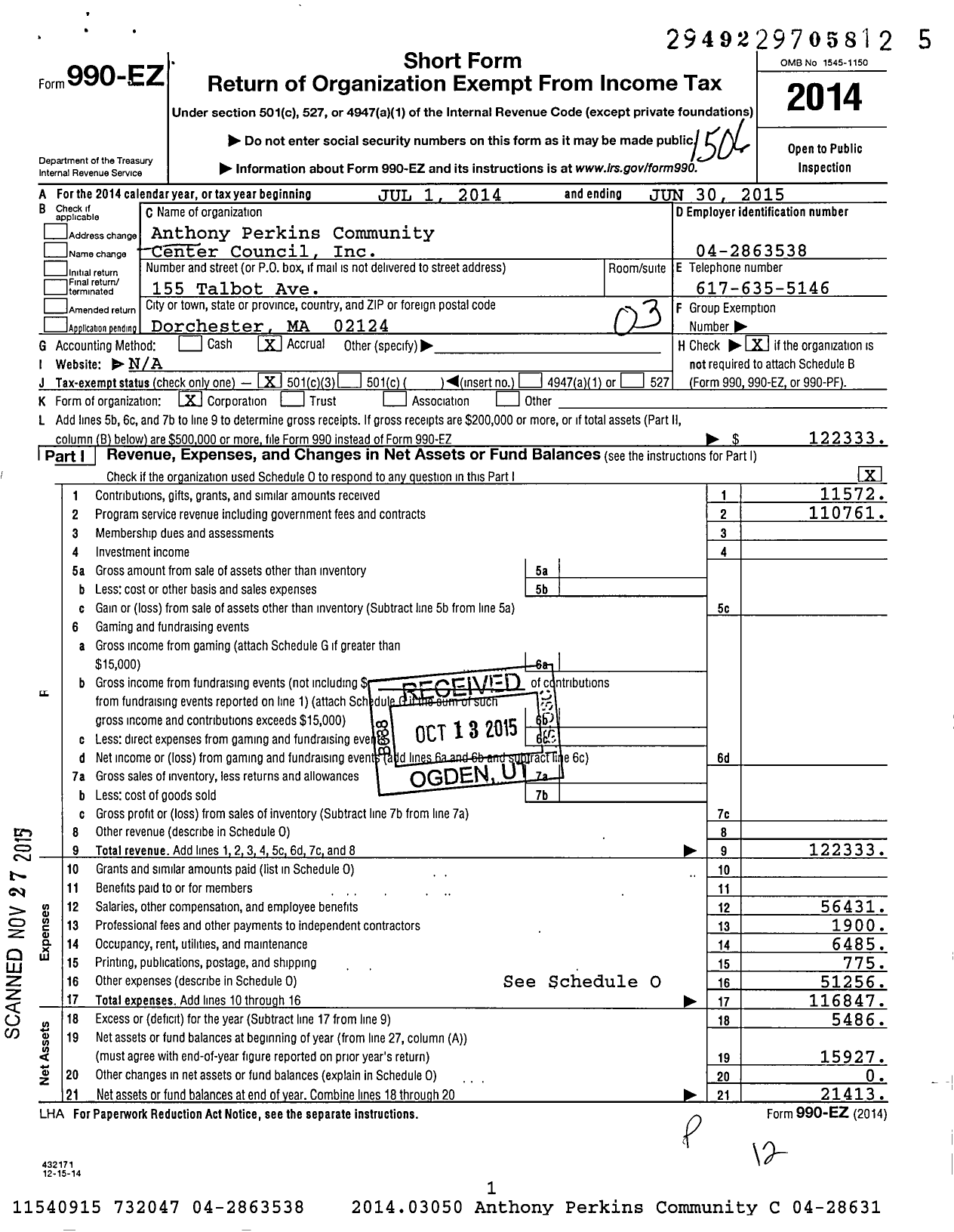 Image of first page of 2014 Form 990EZ for Anthony Perkins Community Center Council