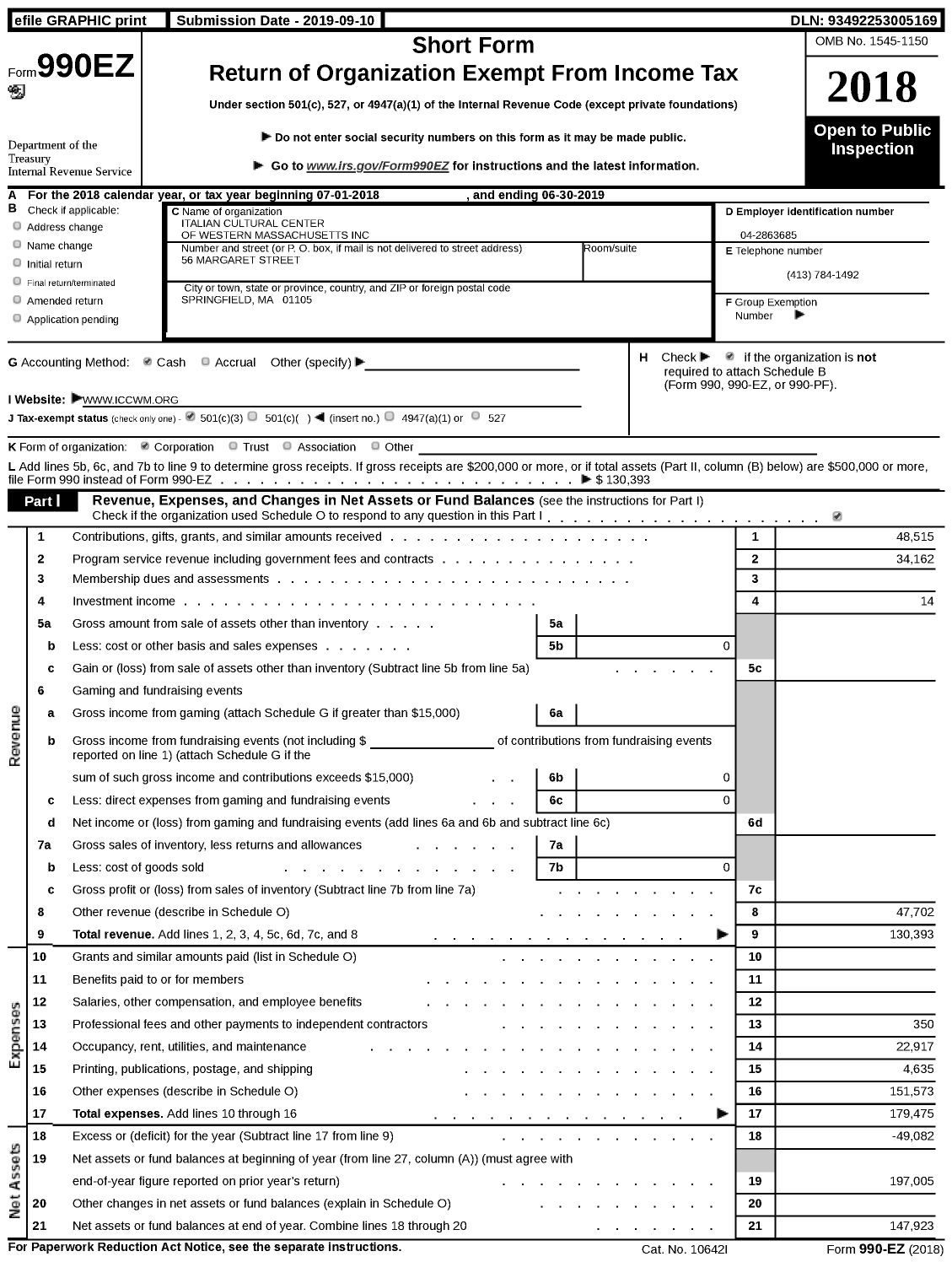 Image of first page of 2018 Form 990EZ for Italian Cultural Center of Western Massachusetts