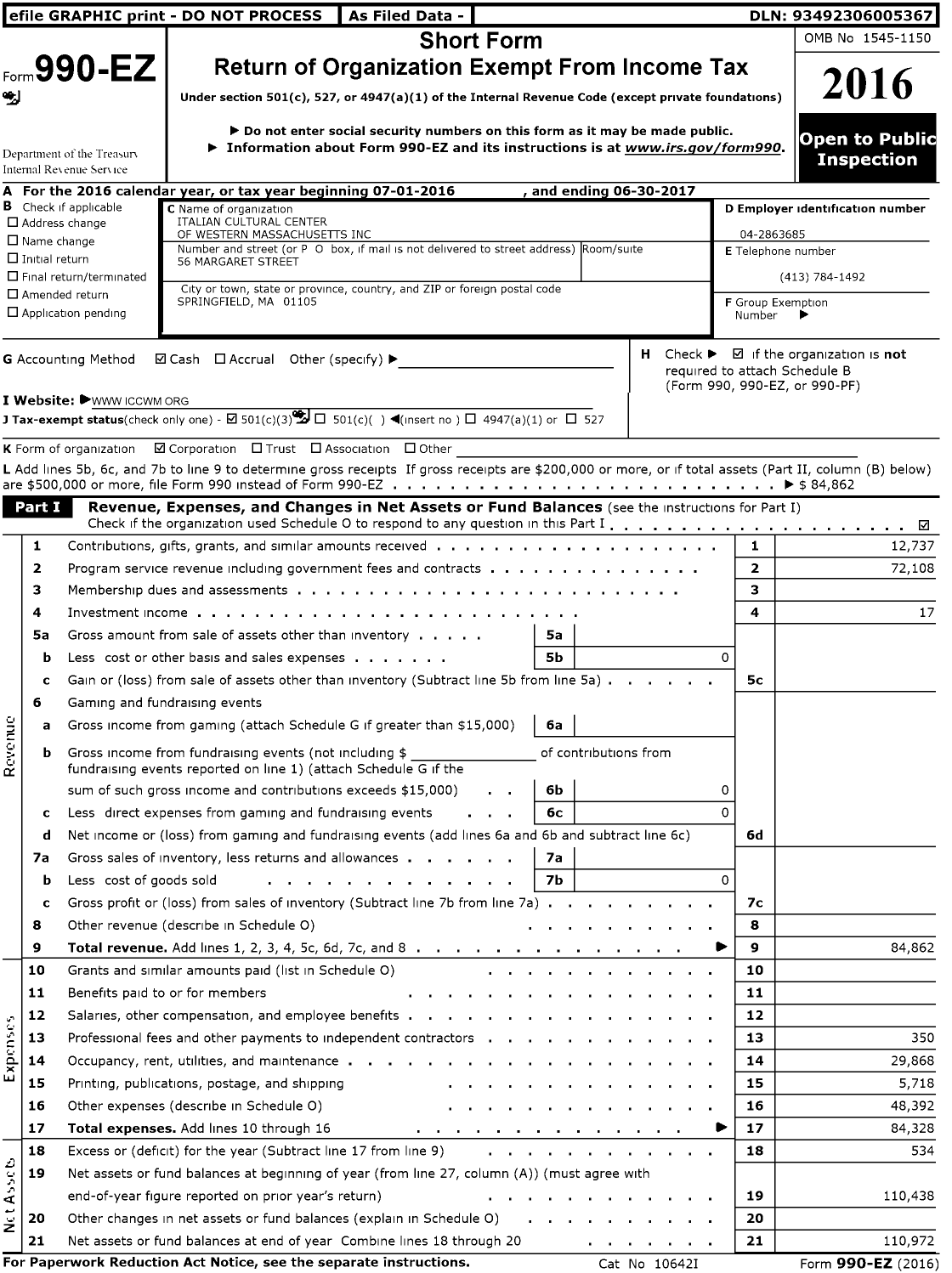 Image of first page of 2016 Form 990EZ for Italian Cultural Center of Western Massachusetts