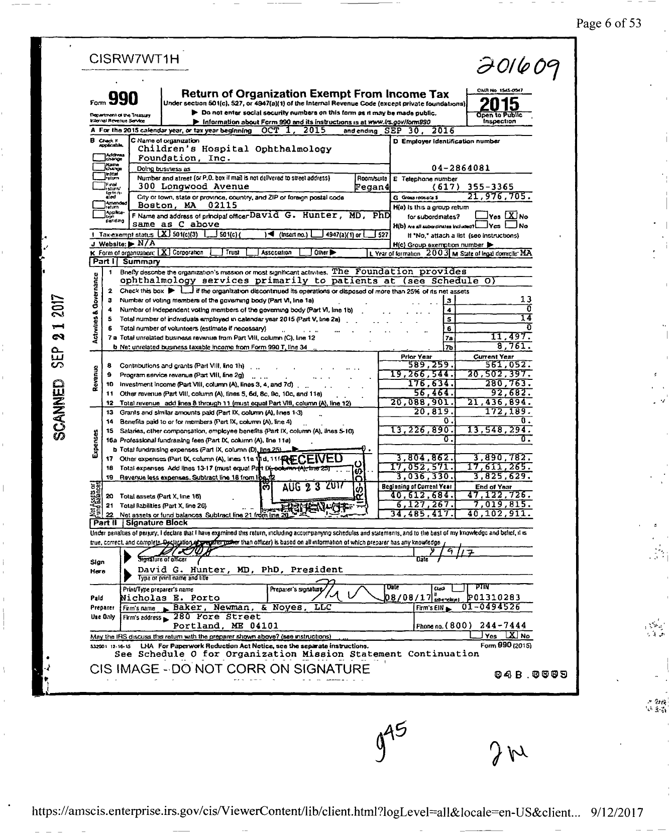 Image of first page of 2015 Form 990 for Boston Children's Hospital (CHOF)