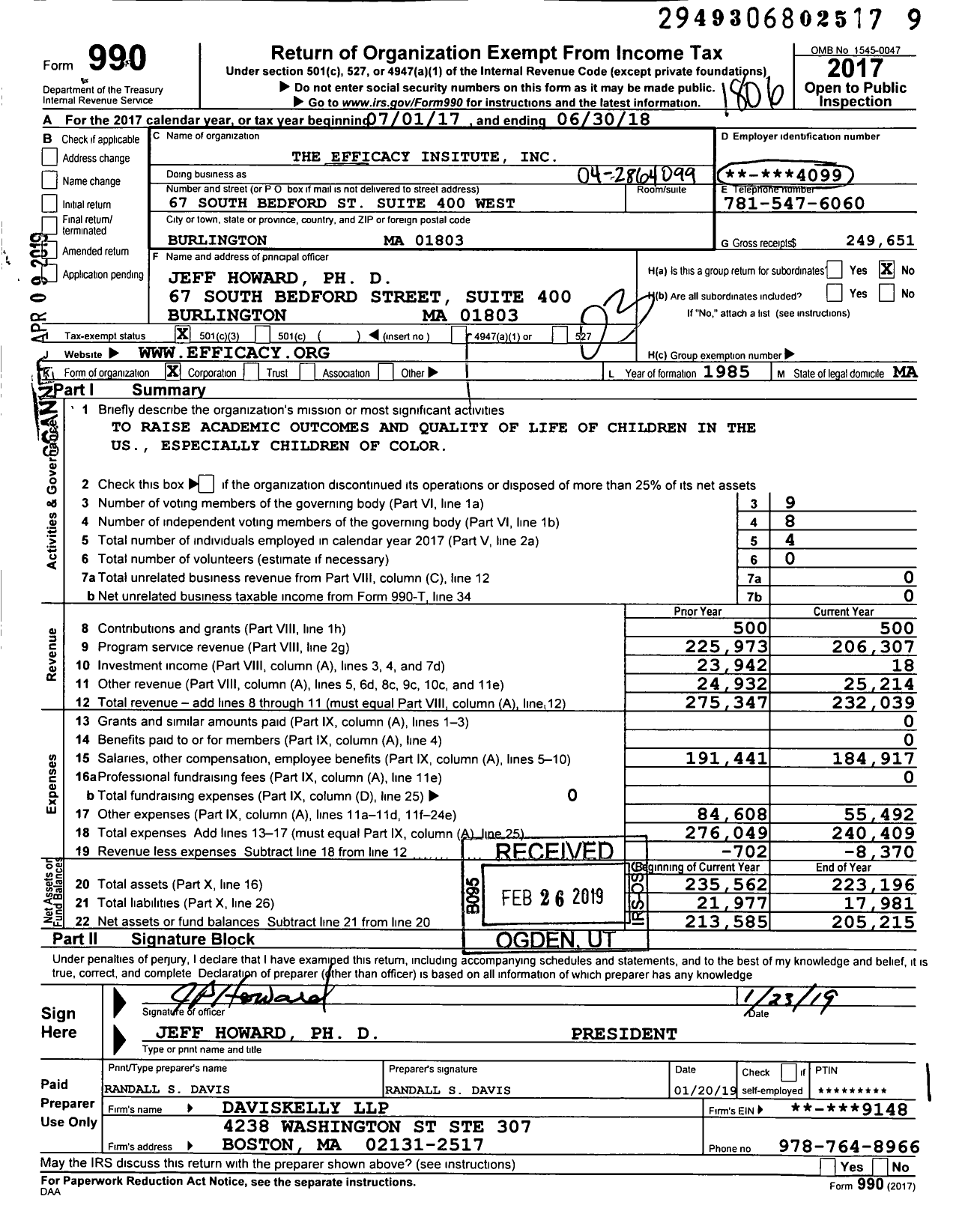 Image of first page of 2017 Form 990 for The Efficacy Institute