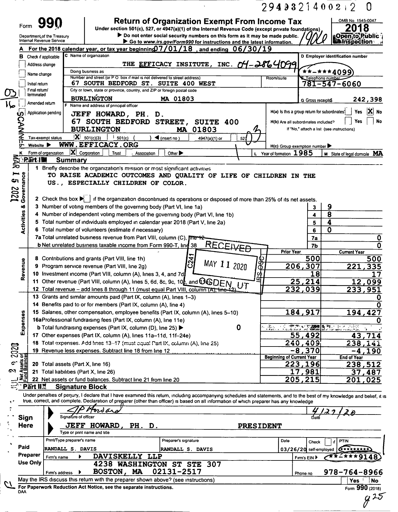 Image of first page of 2018 Form 990 for The Efficacy Institute