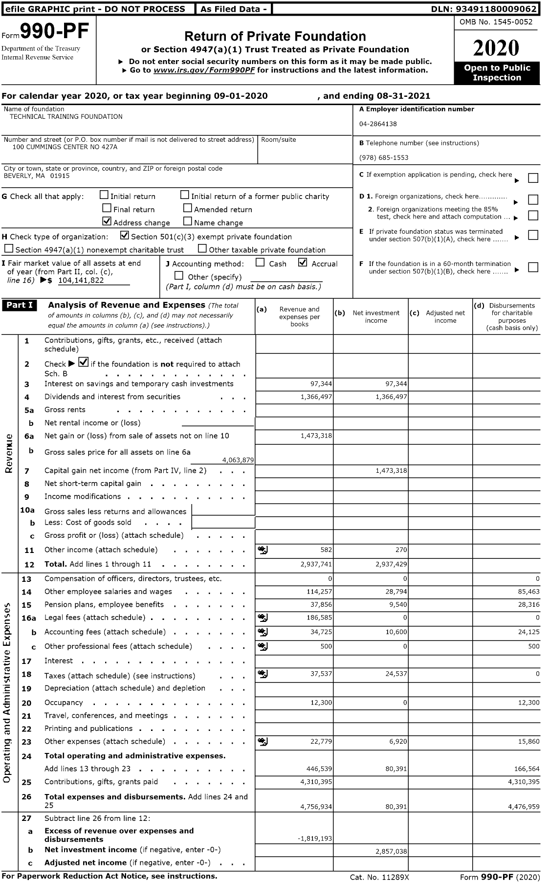 Image of first page of 2020 Form 990PF for Technical Training Foundation