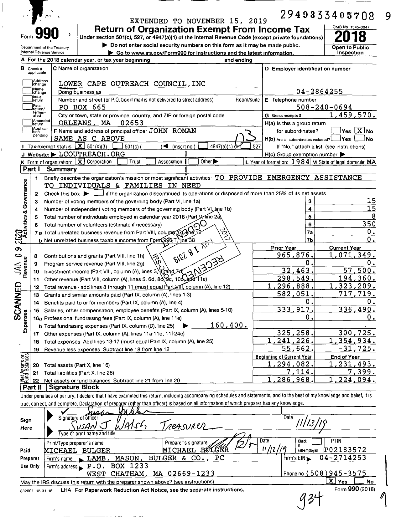 Image of first page of 2018 Form 990 for Lower Cape Outreach Council