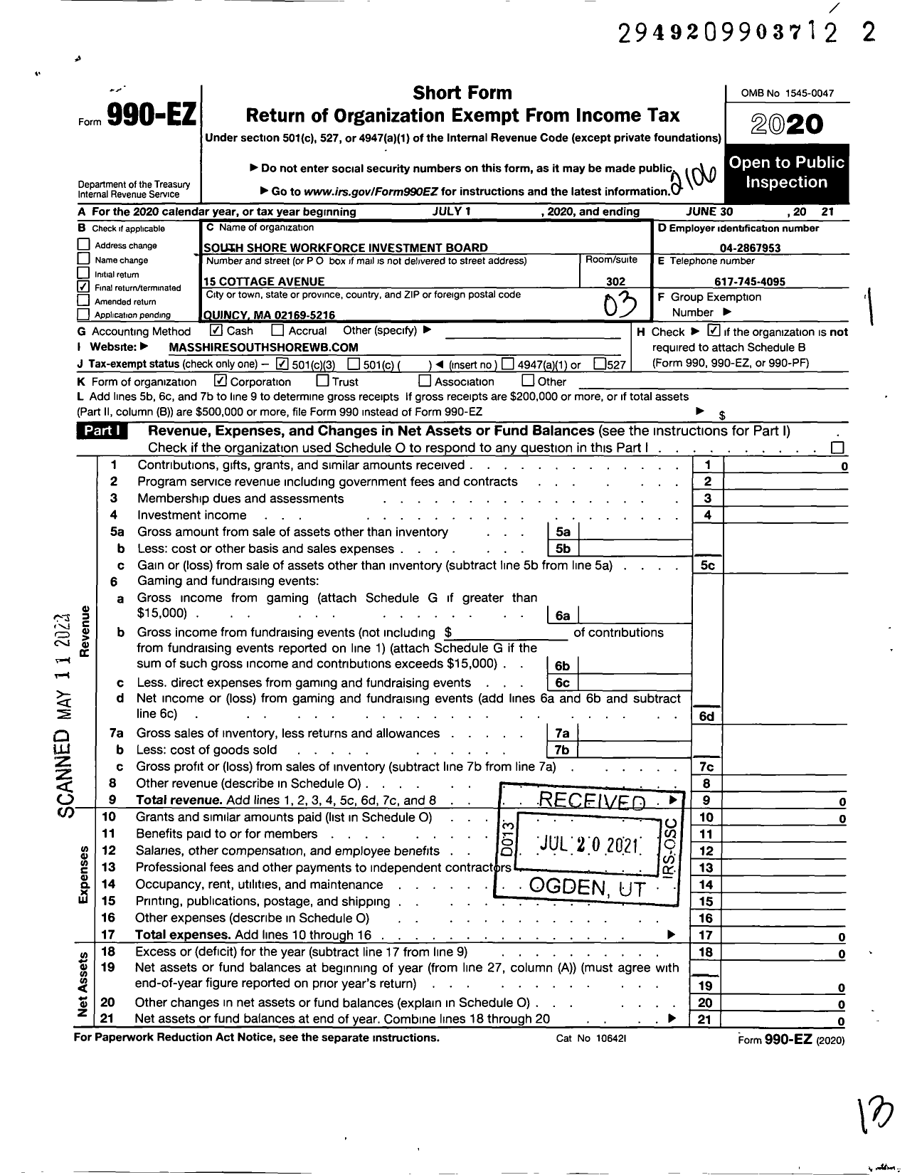 Image of first page of 2020 Form 990EZ for South Shore Workforce Investment Board (SSWIB)