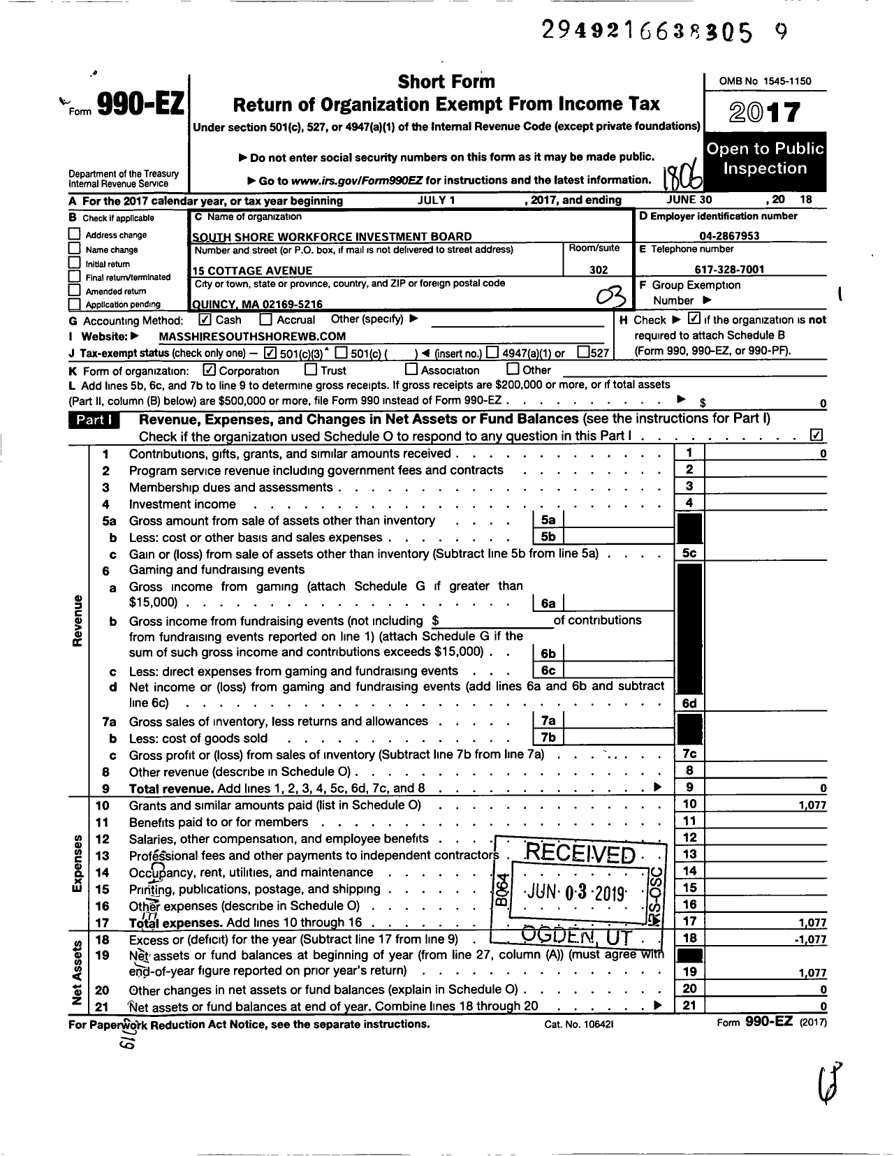 Image of first page of 2017 Form 990EZ for South Shore Workforce Investment Board (SSWIB)