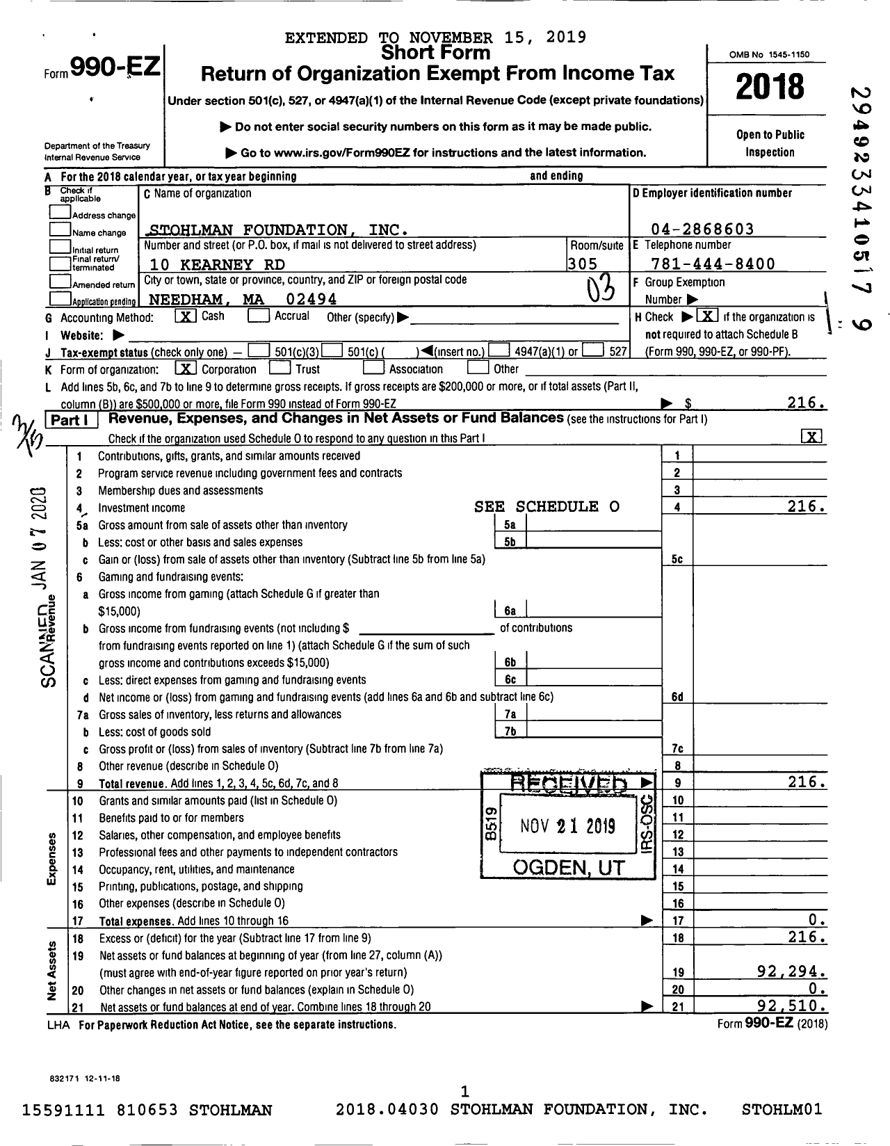 Image of first page of 2018 Form 990EZ for Stohlman Foundation