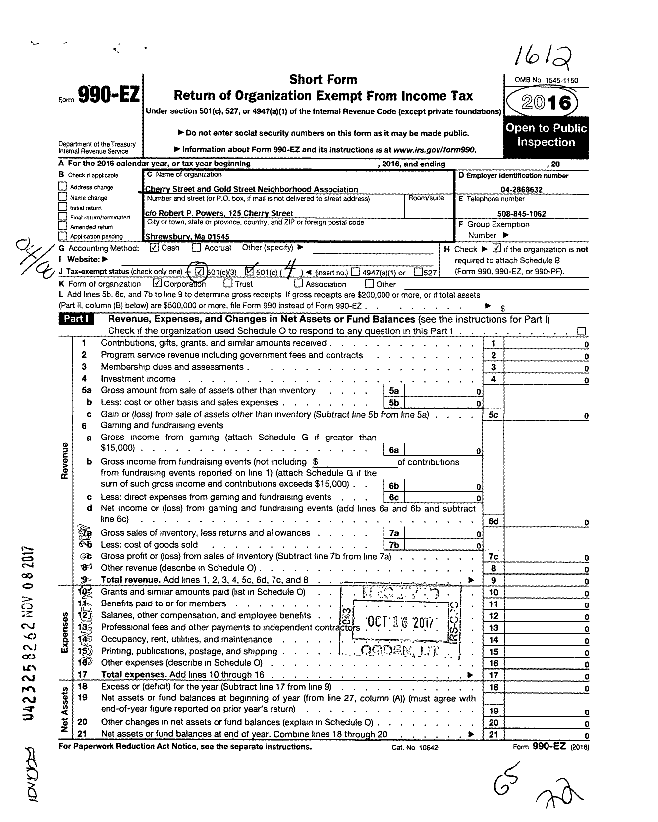 Image of first page of 2016 Form 990EO for Cherry Street and Gold Street Neighborhood Association