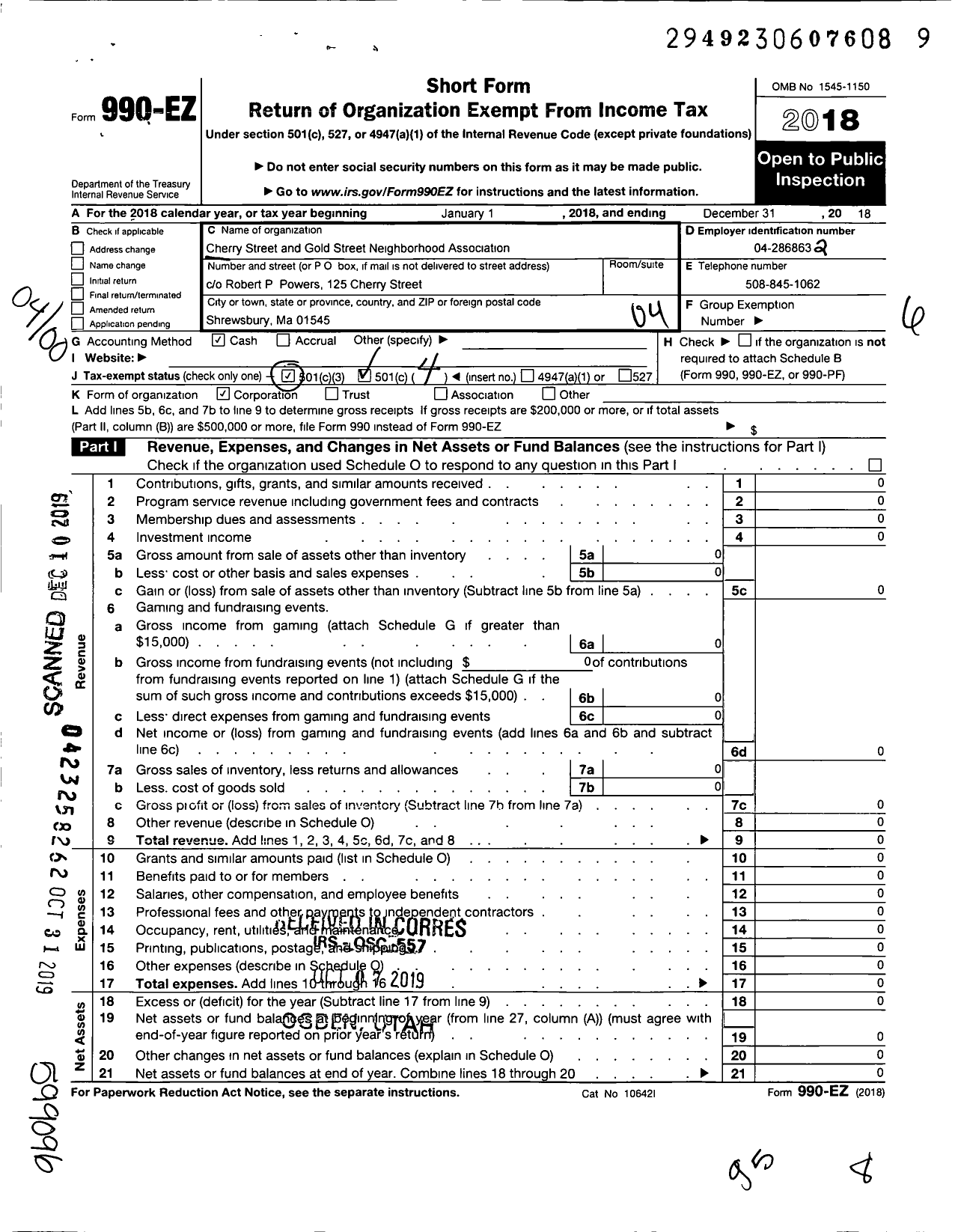 Image of first page of 2018 Form 990EO for Cherry Street and Gold Street Neighborhood Association