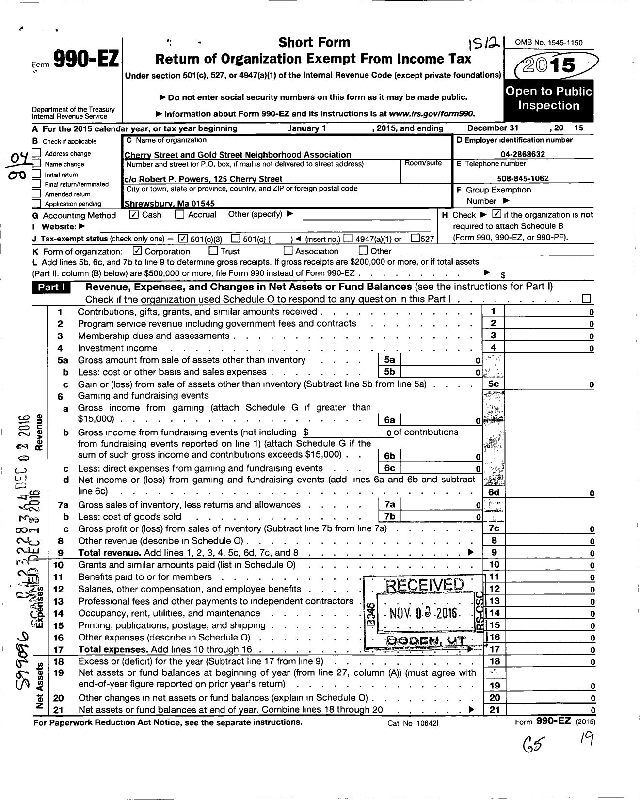 Image of first page of 2015 Form 990EZ for Cherry Street and Gold Street Neighborhood Association